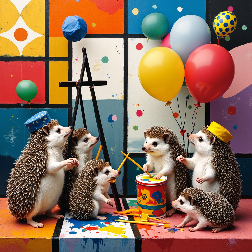 The front cover of the birthday greeting card features an abstract, whimsical scene set against a vibrant background of interlocking geometric shapes and freeform splashes of color. Inspired by Mondrian, the backdrop is a grid of bold, black lines dividing patches of primary colors—red, blue, and yellow—mingling with Pollock-like splatters of neon pinks, greens, and oranges.

At the center, a group of jubilant hedgehogs, each uniquely painted with a mix of Rothko-esque blocks of color and de Kooning's expressive brushstrokes, are having a grand birthday celebration. These hedgehogs aren't just any hedgehogs; they are mini art aficionados, each one wearing tiny berets and holding miniature paintbrushes dipped in a spectrum of colors. Some hedgehogs are drumming on small, abstractly painted drums—emblazoned with swirling patterns reminiscent of Kandinsky’s rhythmic compositions—while others are enthusiastically splattering paint onto a large canvas set up on an easel, capturing the chaotic creativity of Cy Twombly.

In the background, towering over the scene like whimsical sculptures, are enormous, abstract drums and paintbrushes—oversized and stylized with Malevich-inspired geometric purity and Richter-like textural blends. The sky above is a playful mix of Agnes Martin's soft, grid-like clouds and Miró's surreal, floating shapes, creating an imaginative canopy over the festivities.

In one corner, a tiny stage hosts a hedgehog art critic, complete with a monocle and a tiny notepad, jotting down notes while observing the drumming and painting hedgehogs. Balloons shaped like abstract shapes—triangles, squares, and circles—float above, tied to the easel, completing the festive and artful birthday scene.

This scene captures a lively, imaginative world where hedgehogs celebrate art and music, seamlessly blending the influences of legendary abstract artists into a delightful and unique birthday celebration.
Generated with these themes: Hedgehogs, Art, and Drums.
Made with ❤️ by AI.