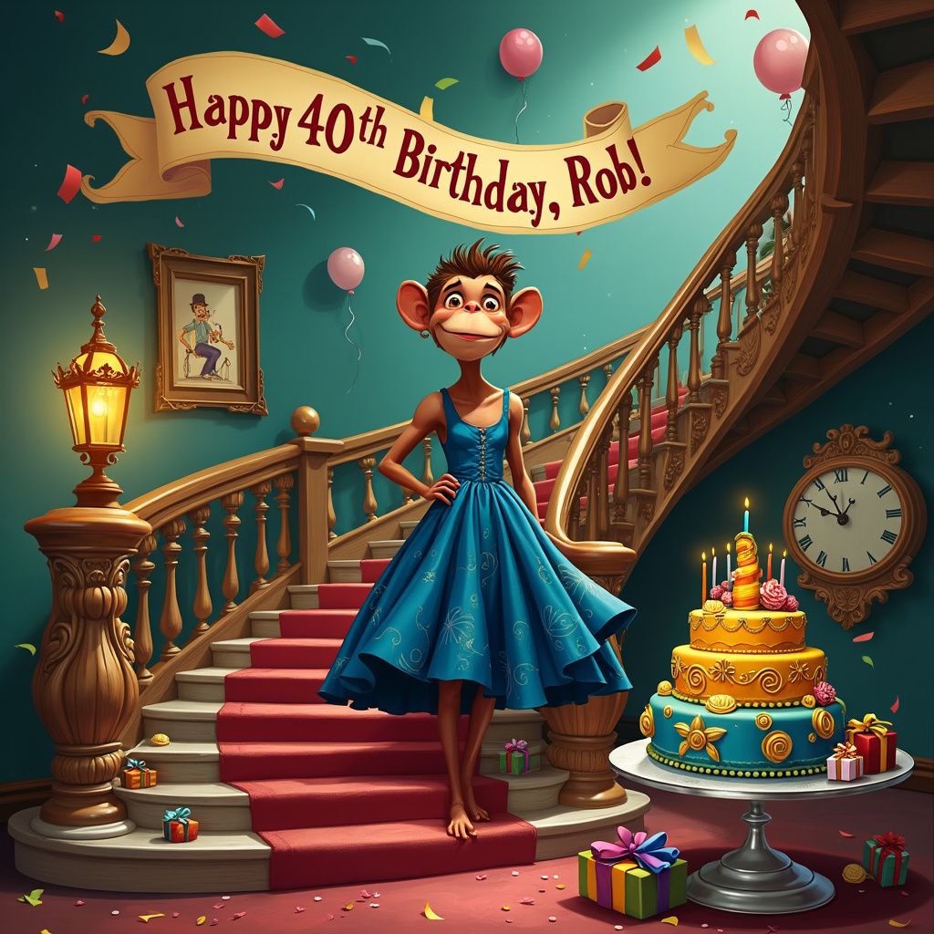 In a fantastical, whimsical world, a scene unfolds on the front cover of Rob's 40th birthday greeting card. Picture a grand, spiraling staircase, designed by Rob himself, with intricately carved wooden banisters resembling a parade of mischievous monkeys, each holding up a glowing, vintage-style lantern. The steps of the staircase are wide and plush, covered in a luxurious, deep crimson carpet that seems to shimmer with hints of gold thread woven through.

Rob, a charming and slightly monkey-like man with short, tousled brown hair, stands confidently halfway up the staircase. He’s wearing a vibrant, cobalt blue dress adorned with swirling patterns that echo the designs in the banisters. The dress flows elegantly around him, with a slightly exaggerated hemline that almost seems to move on its own, giving it a surreal, animated quality.

At the base of the staircase, a lively, anthropomorphic cake with wide, googly eyes and a big, icing smile sits on a silver platter. It's a multi-tiered cake, each layer a different, vibrant color and decorated with whimsical, cartoonish candles that twist and bend in impossible shapes. Surrounding the cake are various whimsical, animated presents that appear to be made of wrapping paper with big, colorful bows; they bounce around with excitement, as if they can't wait to be opened.

On the wall behind Rob, a series of framed pictures hang, each depicting a different surreal adventure he’s had over the years, like riding a giant rubber duck in a bubble-filled sea or dancing with a troupe of tuxedo-clad penguins on an iceberg. A large, ornate clock with hands that bend and twist like Salvador Dali’s "The Persistence of Memory" hangs prominently, frozen at 4:00, a playful nod to his 40th birthday.

Above the scene, a banner unfurls with “Happy 40th Birthday, Rob!” written in a playful, cartoonish font, and adorned with confetti and balloons that seem to float off the card.

Every element in the scene is infused with a playful, surreal energy that draws inspiration from the whimsical humor of Gary Larson, the intricate detail of Hergé, and the expressive, character-driven storytelling of Bill Watterson.
Generated with these themes: Rob enjoys wearing a dress on a fancy staircase that he designed. He is 40 years old with brown hair and looks a little bit like a monkey.
Made with ❤️ by AI.
