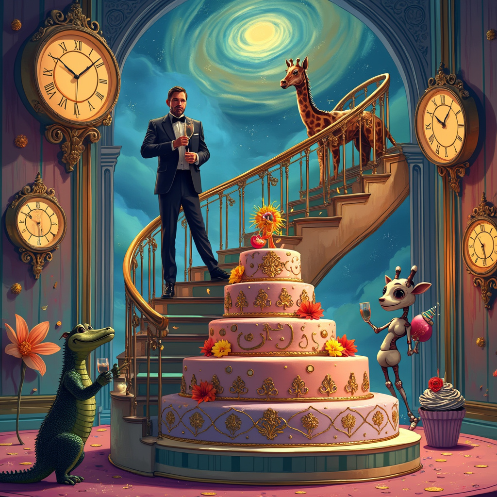 In the whimsical scene of Rob's surreal birthday extravaganza, Rob stands proudly at the top of a grand, spiraling staircase that defies physics, twisting and turning like a Möbius strip. The staircase, which Rob designed himself, is a cacophony of colors—lavender, emerald green, and sunset orange—each step adorned with intricate patterns resembling stained glass windows. Rob, a man of 40 with a hint of monkeyish charm in his features, sports a tailored, elegant dress that flares out dramatically at the hem, colored in a deep royal blue with gold celestial patterns embroidered throughout.

Surrounding the staircase, a variety of peculiar guests mingle, each more fantastical than the last. To the left, a dapper alligator in a tuxedo clinks glasses with a monocle-wearing giraffe whose neck bends and twists to fit into the frame. On the right, a robotic dog, reminiscent of Tezuka's Astro Boy, hovers in mid-air with tiny jet boosters attached to its paws, playfully yapping at an enormous, gentle dragon whose scales shimmer with every color of the rainbow.

The backdrop of this surreal scene is an elaborate art deco ballroom with towering windows, through which one can see an entire galaxy swirling in the sky. The walls are adorned with oversized clocks that melt downwards, akin to Dali’s Persistence of Memory, and large, vibrant flowers with faces that sing a harmonious birthday tune.

In the corner, a comical touch reminiscent of Gary Larson’s work shows a banana peel conspicuously placed on the floor, with a cautious, anthropomorphic cupcake tiptoeing around it. Balloons shaped like planets float around the room, casting soft, colorful glows, while confetti shaped like tiny stars gently drifts down from the ceiling.

At the base of the staircase, an enormous birthday cake, as fantastical as the scene itself, sits with 40 candles flickering. The cake is a tiered masterpiece, each layer a different fantastical world: the bottom layer resembles a jungle with tiny, animated animals frolicking around, the middle a bustling cityscape, and the top a serene mountaintop with a tiny figure that looks like Rob, standing triumphant in his dress.

This card cover is a kaleidoscope of detail, every element meticulously designed to draw the viewer into Rob’s surreal, celebratory world.
Generated with these themes: Rob enjoys wearing a dress on a fancy staircase that he designed. He is 40 years old with brown hair and looks a little bit like a monkey.
Made with ❤️ by AI.