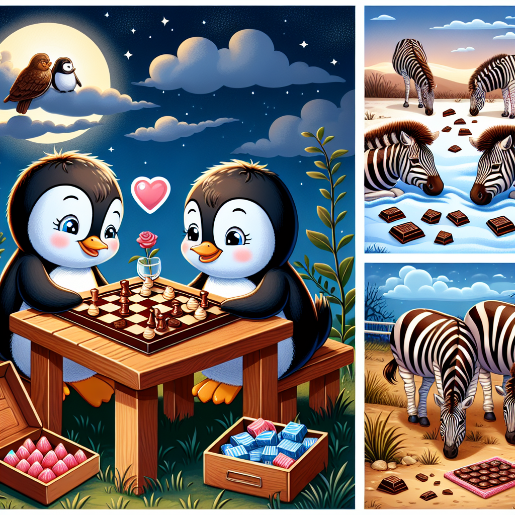 Create a delightful vector illustration showcasing a heartwarming scene of a cute pair of penguins, of differing genders, fully engrossed in a night of board games. At their small table, feature an assortment of chocolate sweets scattered around, illustrative of a joyful anniversary celebration. At a little distance, include a scene of zebras of varied descents grazing peacefully and nonchalantly. Make sure this touching tableau strikingly captures the blend of contrasting elements of domestic comfort and thrilling wilderness
Generated with these themes: Boardgames , Chocolate , Penguins , and Zebras .
Made with ❤️ by AI.