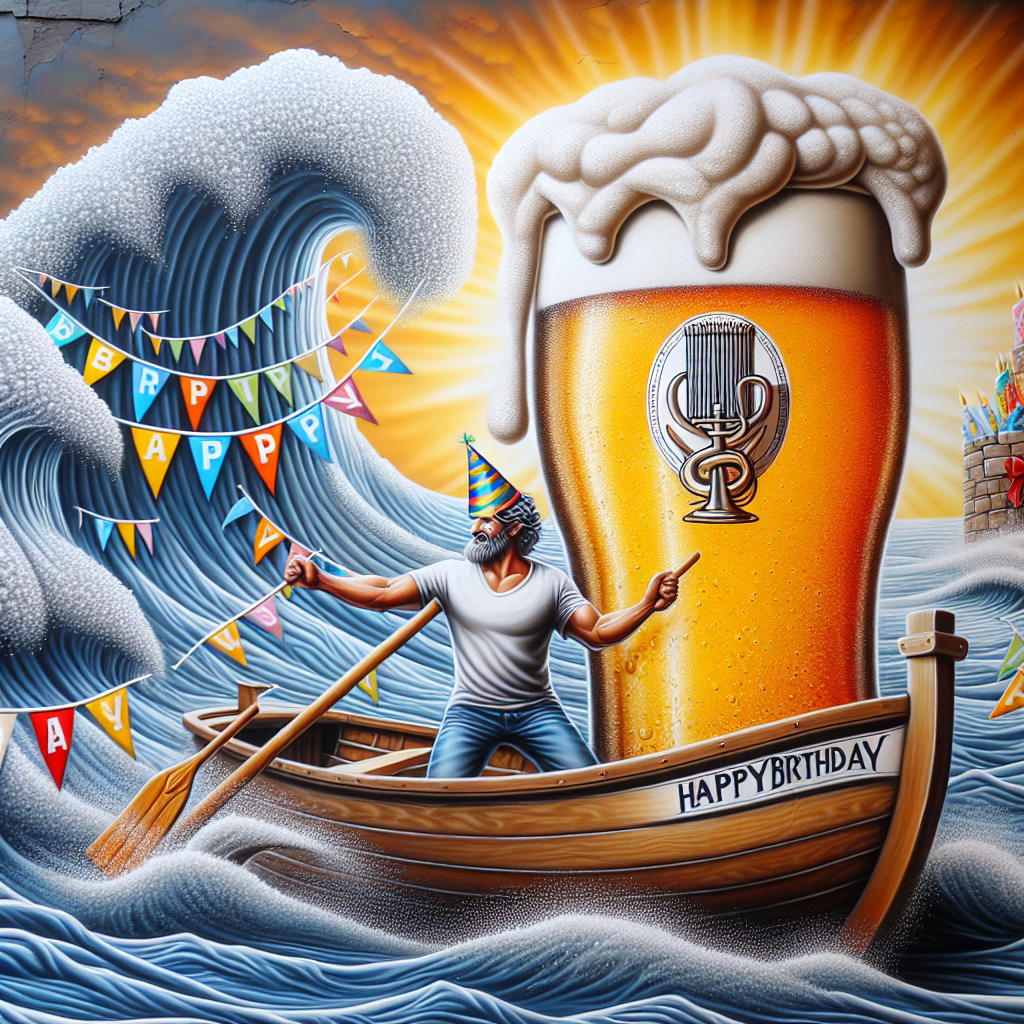 Imagine a fun birthday-themed art piece where the setting is a warmly-lit ocean. A lively individual of Middle-Eastern descent is steering a boat that's charmingly decorated with multicolored birthday flags. The sails seem to ripple with laughter, suggesting a joyous atmosphere. In the backdrop, a gigantic frothy beer glass replaces a traditional lighthouse, its foam resembling the white crests of the surrounding waves. Atop its familiar musical instrument logo, worn with pride, is a party hat. Bridging the maritime excitement with a tribute to the popular dark beer is a cheerful 'Happy Birthday' sign.
Generated with these themes: Sailing, and Guinness.
Made with ❤️ by AI.