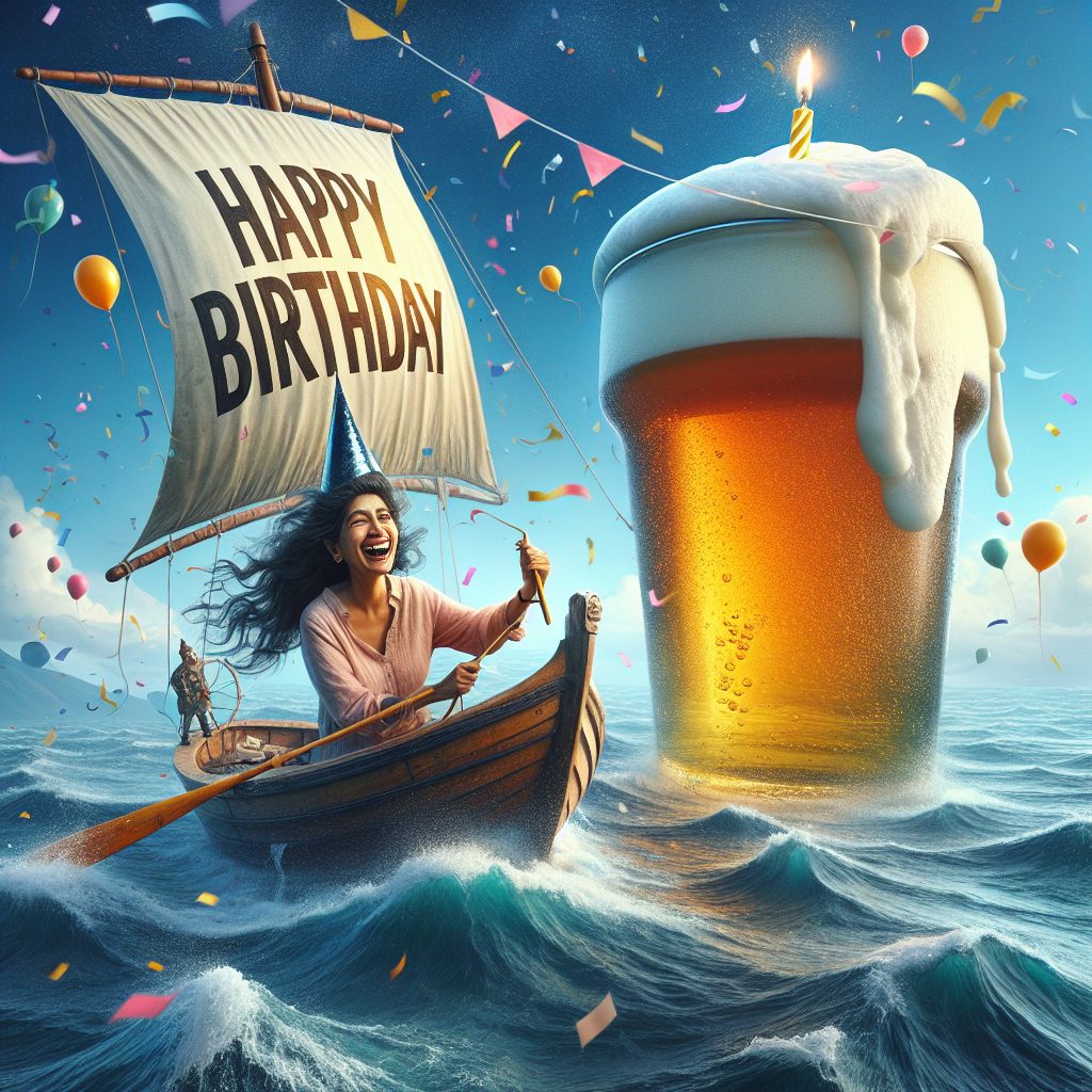 Create a sublime image that captures a whimsical birthday celebration. In the midst of the image, features a South Asian woman with a contagious grin steering a sailboat with a grand sail that reads 'Happy Birthday' in bold, festive letters. The vast sea beneath her is a serene shade of azure, bubbling with sparks of excitement and joy. Adding to the colorful celebration, confetti is thrown into the air, seeming to dance in the sky. Resting beside the boat, floating like a buoy, is a gigantic, frothy pint of a traditional dark ale, bearing a lit candle on top, thereby combining birthday joy with a hint of Irish tradition.
Generated with these themes: Sailing, and Guinness.
Made with ❤️ by AI.
