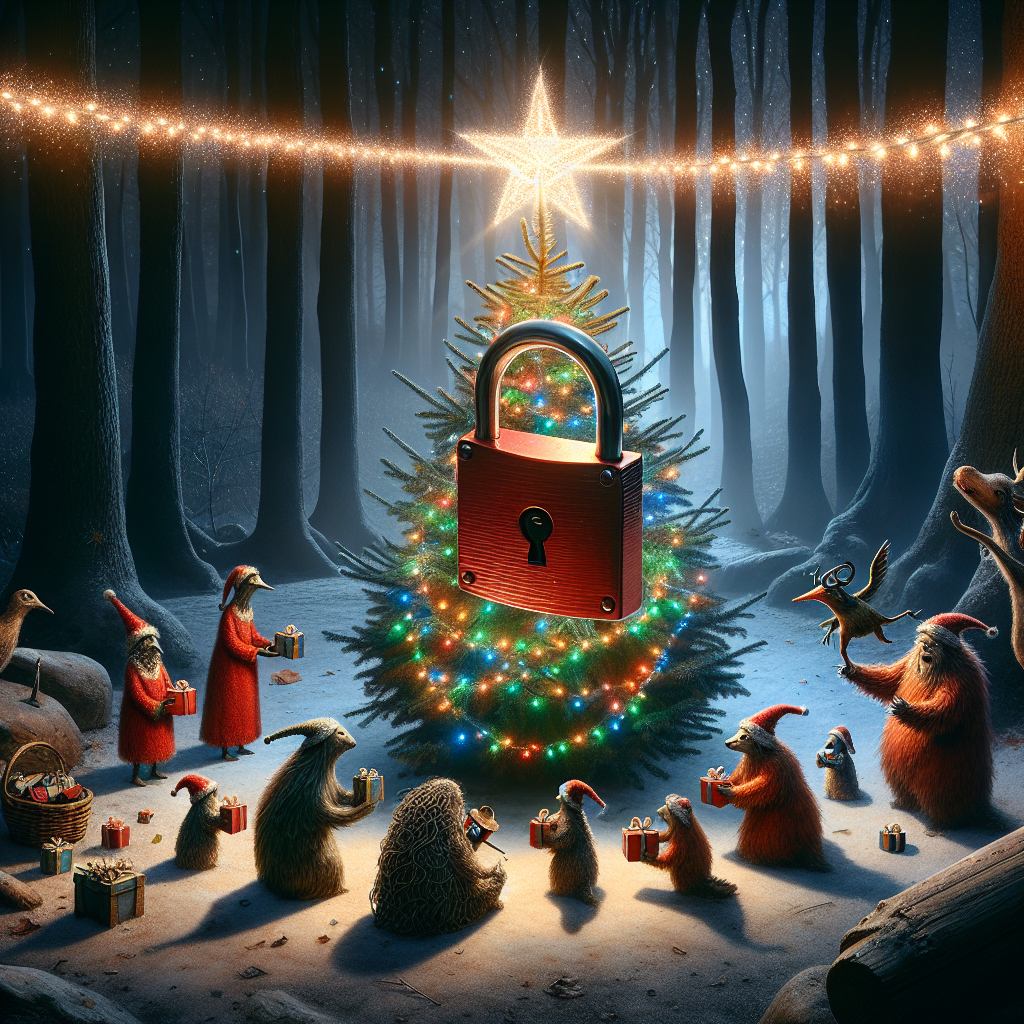 An adorable scene where a group of woodland animals are gathered around a Christmas tree in the forest, exchanging gifts. The star of the tree is not a star at all, but a cleverly disguised red padlock, emitting a festive glow. An energy source is depicted as a stream of magical sparkles emanating from the padlock, illuminating the gathering in a warm, ethereal light.
Generated with these themes: Red padlock, and Energy source.
Made with ❤️ by AI.