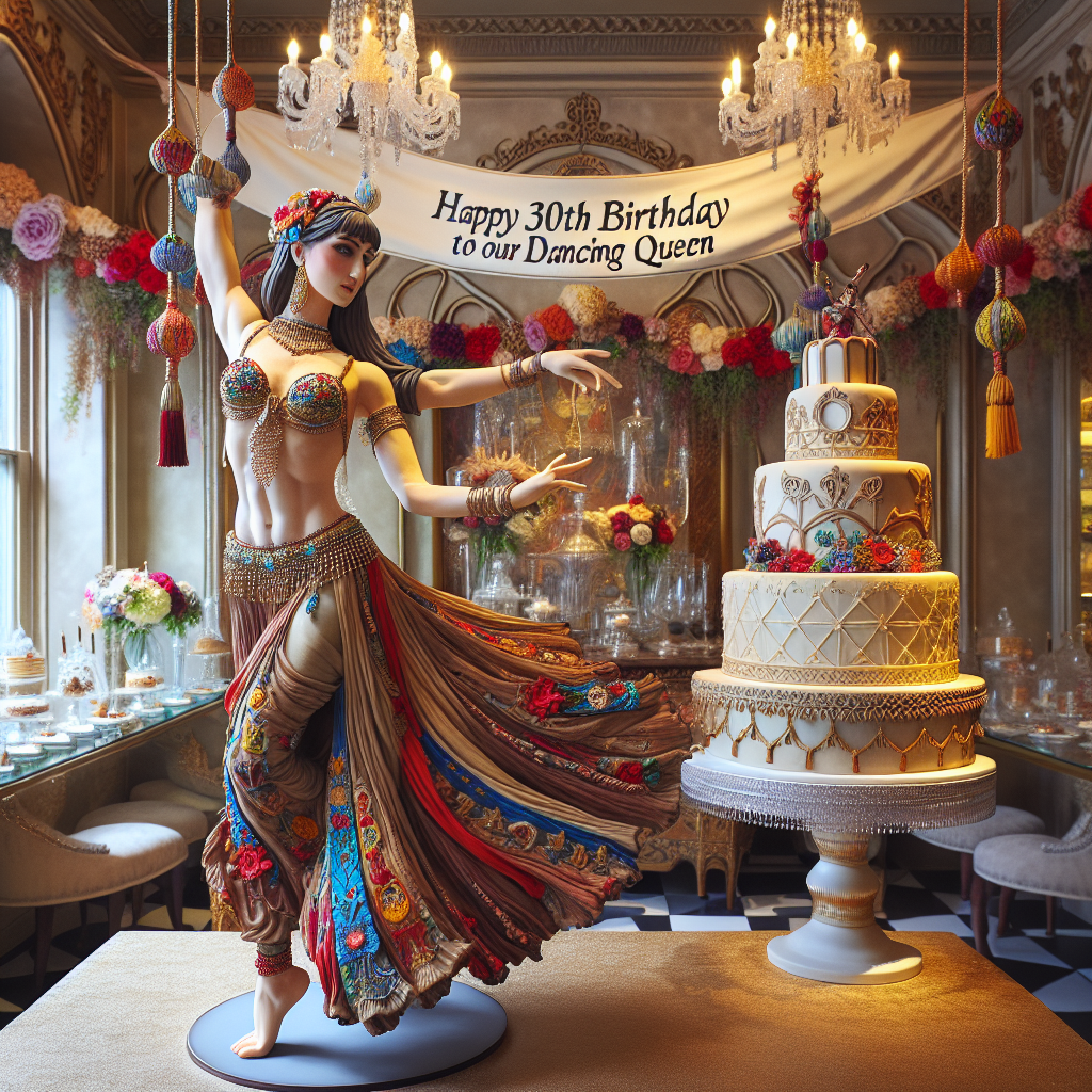 Within a tastefully decorated room, a life-like figure of a Middle-Eastern female dancer graces the scene. Her outfit is a riot of vibrant colours and intricate embroidery, mimicking the height of precision. Her posture suggests a sense of fluidity, as if snapped mid-dance. Suspended above her, a banner proudly reads 'Happy 30th Birthday to our dancing queen', adding a personal touch to the refined celebration. Enhancing the background is a flawlessly iced centerpiece cake and an array of delightful garnishments that festoon the room, together creating a convivial and genuine birthday atmosphere.
Generated with these themes: Female Bollywood dancer at a party, Banner ‘Happy 30th Birthday to our dancing queen Shreen’, and Birthday with cake & decorations.
Made with ❤️ by AI.