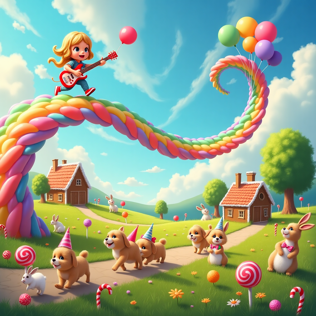 In the whimsical scene set for a birthday card, imagine a sunlit meadow teeming with magic and charm. At the center, a vibrant rainbow ribbon candy is unfurling across the sky, serving as a brilliant backdrop. Perched atop this candy arc, a cartoonish, playful Taylor Swift figure is strumming an electric guitar with one hand while waving a multicolored balloon bouquet in the other. Her outfit is a dazzling mix of sequins and pastel hues, echoing the rainbow candy beneath her.

On the grassy ground below, a joyous parade of fluffy golden retriever puppies, with wide grins and wagging tails, is trotting along a winding path made of oversized candy buttons. Each puppy is adorned with a small, shiny birthday hat that matches the colors of the candy path. Interspersed among the puppies, rabbits with long, twitching ears are gleefully hopping. Some rabbits are nibbling on scattered candy lollipops, which sprout like flowers from the earth, while others are adorned with tiny bow ties made of red licorice.

In the distance, a quaint gingerbread cottage, inspired by Beatrix Potter's detailed illustrations, peeks out from behind a grove of gumdrop trees, their sugary tops glistening in the sunlight. Delicate peppermint fencing encloses a small garden where more rabbits can be seen, mischievously pulling at the marzipan leaves of candy canes growing in neat rows.

The sky above is a swirling canvas of blue and lavender, inspired by Maxfield Parrish, with fluffy clouds shaped like cotton candy, hinting at a fantastical world where everything is sweet, charming, and brimming with celebratory joy. This enchanting tableau captures the playful essence of the birthday scene, blending elements of fantasy, whimsy, and delightful surprise.
Generated with these themes: Taylor Swift, Rainbow belt candy, Candy, Puppies, and Rabbits.
Made with ❤️ by AI.