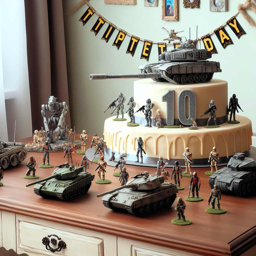 The room is elegantly decorated in a charming but realistic birthday theme. Centered on the table is a cake creatively shaped like a generic military tank. Adorning the cake are small, detailed figurines resembling futuristic warriors and mechanized units, as one might find in a sci-fi universe. A hand-crafted sign hanging above the scene proudly declares '10 Today', threading a personal touch through the imaginative display and effectively celebrating a decade lived.
Generated with these themes: Warhammer, Spacemarine, Mech, Tank, 10 Today.
Made with ❤️ by AI.