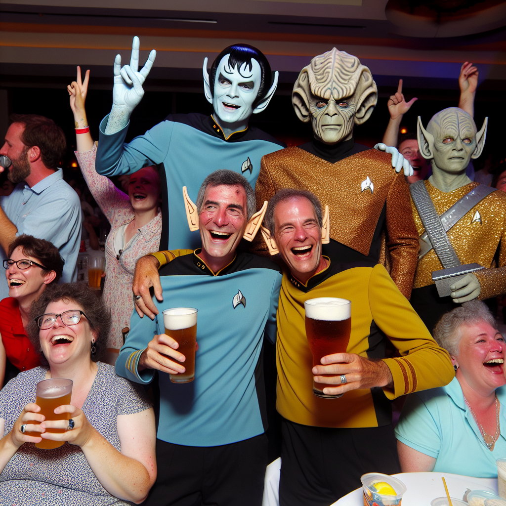 Guests at a birthday celebration are thoroughly enjoying themselves, laughing and smiling at the sight of characters typical of a classic science fiction series joining in the celebrations. Amongst them, a charismatic captain and his logical companion, characterized by the pointed ears and cool demeanor, clutch chilled frothy beverages in their hands, animating the crowd with renditions of iconic songs on the karaoke stage. The scene exudes a playful combination of everyday revelry and fantastical science fiction atmosphere.
Generated with these themes: Star Trek characters drinking lager and singing karaoke.
Made with ❤️ by AI.