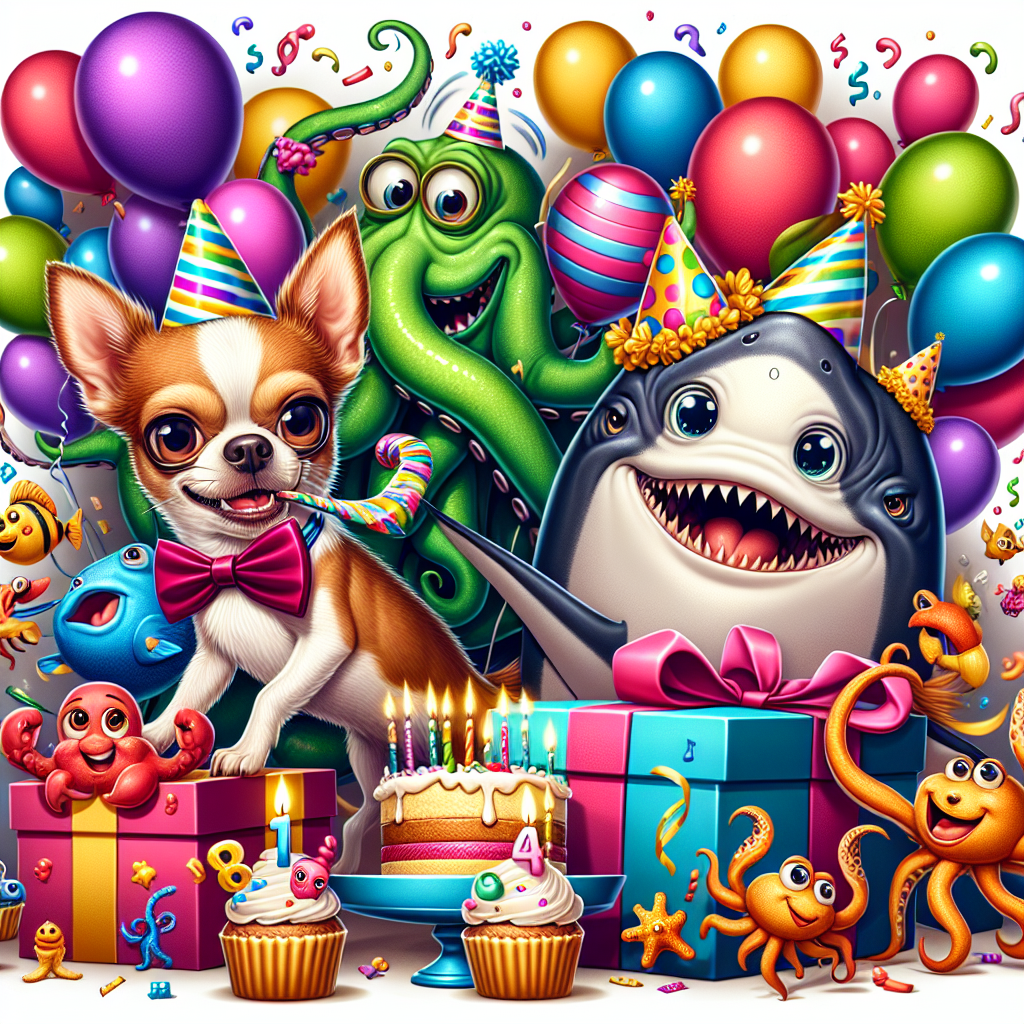 Imagine a vibrant cartoon birthday party. In the centre of this lively scene is a mischievous Chihuahua wearing a party hat, confidently perched on top of a vividly wrapped gift box. Nearby, there's a octopus dressed in an elegant bow tie, comically juggling a bunch of birthday cupcakes with its multiple tentacles stretched diversely. A shark, flashing a playful grin, is sporting a birthday sash as it peeks out from behind an enormous birthday cake. A joyous crab, wearing its own little birthday hat, securely holds onto balloons and rhythmically sways to the festive tunes playing. All around, cartoon-style fish are blowing bubbles that magically transform into floating, delicate party decorations.
Generated with these themes: Chihuahua , Octopus , Shark, Crab, and Fish .
Made with ❤️ by AI.