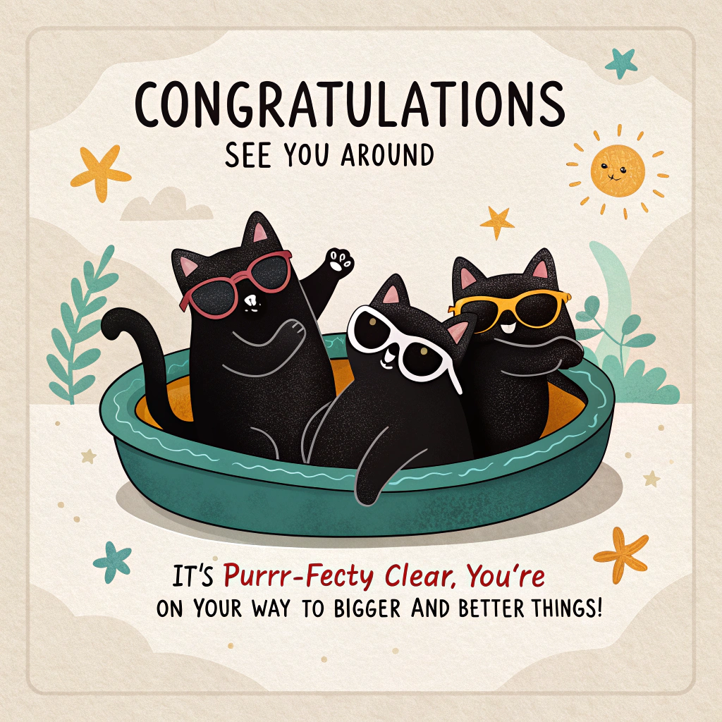 At the top of the image, "Congratulations - see you around"

- Create a playful, cartoon-style scene featuring a group of mischievous black cats, each wearing comically oversized sunglasses.
- The cats are lounging around in a circle, each one pretending to be too cool for school, with one cat dramatically lifting a paw as if waving goodbye.
- Add at the bottom of the image, "It's purrr-fectly clear, you're on your way to bigger and better things!"
Generated with these themes: Black cats, and .
Made with ❤️ by AI.