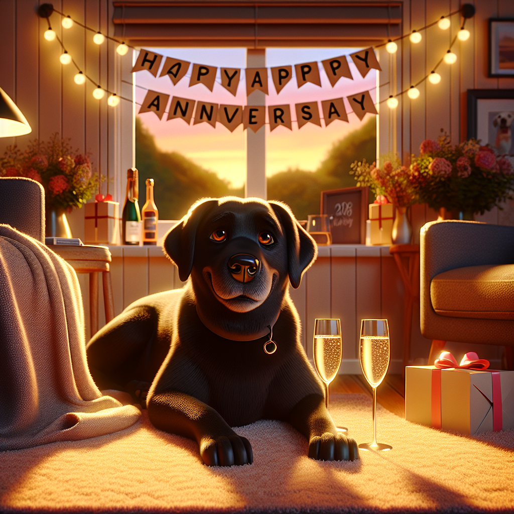 Please generate an image of a cozy cartoon living room lit with the cozy glow of a sunset. Within the room a black Labrador Retriever with deep brown eyes can be seen lounging comfortably on a plush rug, the dog has a sturdy body and a mischievous grin on its face. Next to the dog are a pair of animated champagne glasses clinking in celebration with a neatly wrapped gift box nearby. On the wall behind these delights, a streamer hangs playfully with the text 'Happy Anniversary' on it, creating a jubilant atmosphere.
.
Made with ❤️ by AI.