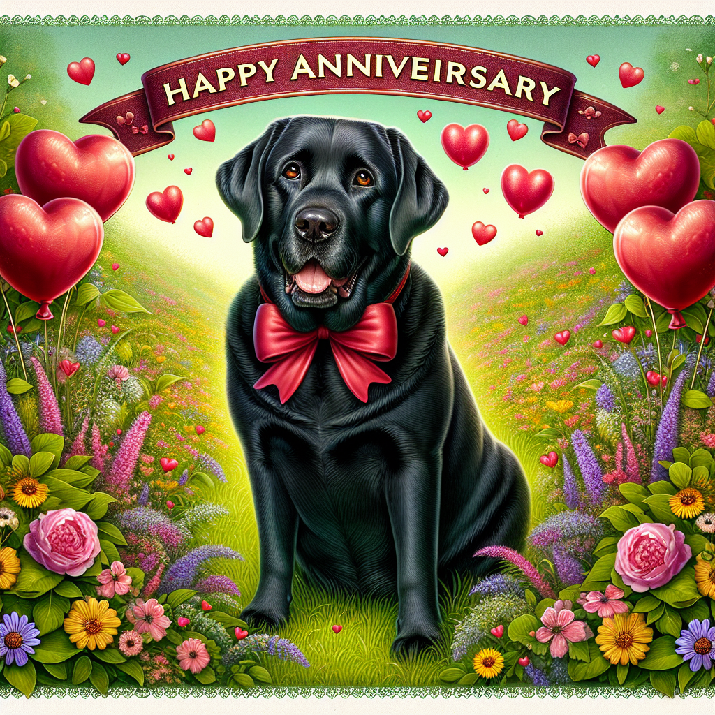 Visualize a heartwarming scene featuring an affectionate, plump adult black Labrador Retriever with gleaming brown eyes. The Labrador sits majestically in the heart of a verdant meadow, encircled by a vibrant array of wildflowers. Adding a touch of whimsy is a cartoonish red bow around its neck, enhancing the romantic atmosphere. Above the Labrador are balloons, whimsically shaped like hearts, fluttering freely in the breeze. A banner extends across the top of the image, filled with cheerful, bubbly letters that spell out 'Happy Anniversary'.
.
Made with ❤️ by AI.