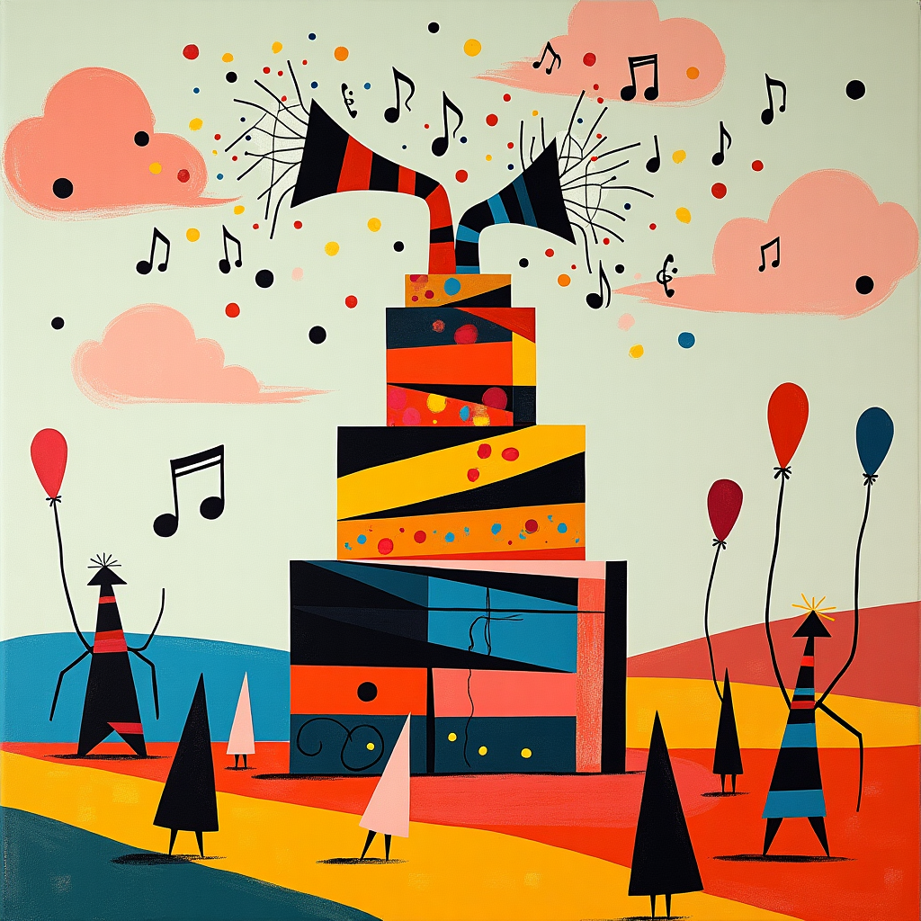 The scene unfolds as a whimsical birthday celebration set in an abstract, vibrant landscape. Picture a lively kaleidoscope of colors inspired by the boldness of Kandinsky and the playful geometry of Mondrian. At the center of the card, a gigantic, avant-garde birthday cake towers, reminiscent of a constructivist masterpiece by Malevich. The cake is composed of stacked, angular layers that twist and turn in unexpected directions, with vibrant stripes and dots in primary colors interspersed with pastel hues. Each layer is slightly askew, hinting at the whimsical chaos akin to a de Kooning piece. The cake is topped with a pair of oversized, expressive speakers in the style of Joan Miró, their wires playfully twirling around like animated serpents, as they blast abstract musical notes swirling in a Pollock-esque frenzy across the sky. 

In the background, a field of textured, Rothko-inspired rectangles forms a backdrop, each shade subtly transitioning into the next, while the sky is a Twombly-esque scribble of pastel clouds, whimsically shaped like musical notes. Among the clouds, "Happy Birthday, Vadim!" is playfully inscribed in bold, kinetic strokes, as though written by a giant invisible hand with a fountain pen. Below, scattered on the abstract ground are geometric party hats that echo the grids of Agnes Martin, their pointed tips directed towards the cake. Abstract figures, reminiscent of Miró’s whimsical characters, dance around the cake, each one holding a paint-splattered balloon that matches the scattered notes in the sky, creating a harmonic blend of colors and shapes. This dynamic scene is a celebration of Vadim's birthday with a burst of creativity and artistic homage.
Generated with these themes: Speakers.
Made with ❤️ by AI.