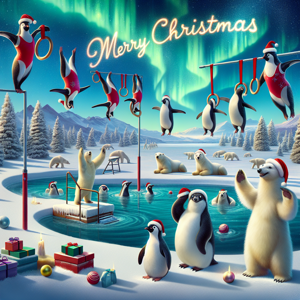 The scene is set on a snowy beach where jolly penguins are engaging in artistic gymnastics on the rings, while polar bears in Santa hats swim in the background. Overhead, 'Merry Christmas' is etched in the sky by the northern lights.
Generated with these themes: Swimming, and Artistic gymnastics.
Made with ❤️ by AI.