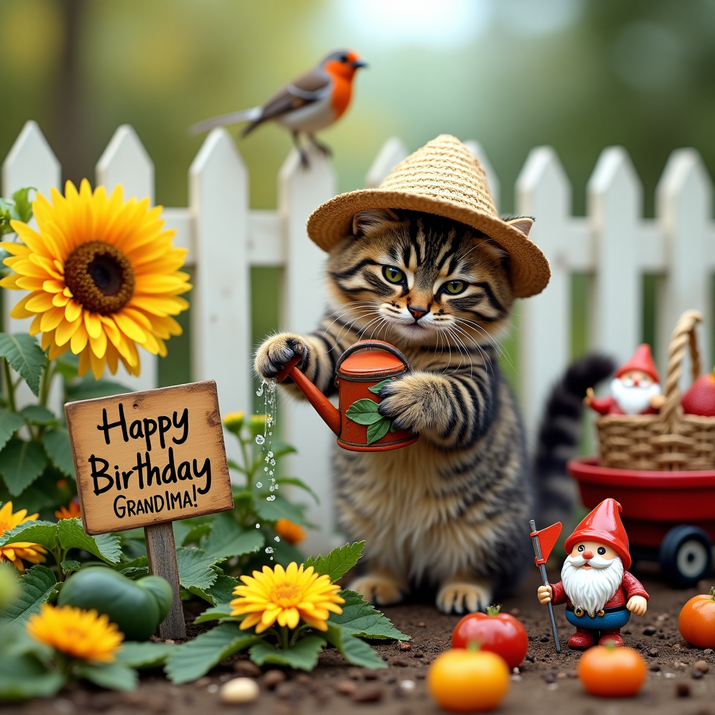 In the vibrant scene, a fluffy, chubby tabby cat, sporting a cheerful straw sunhat that's slightly askew on its head, is diligently working away in a whimsical garden. This garden is a burst of color and charm, filled with oversized sunflowers, pastel-colored daisies, and a variety of vegetables, from plump, ripe tomatoes to shiny, emerald-green zucchinis. The cat, with its tail enthusiastically curled upward, is perched on its hind legs, paws delicately holding a tiny, vintage-style watering can, sprinkling droplets onto a patch of marigolds. Nearby, nestled amongst the flowers, is an endearing wooden sign, meticulously painted in a charming, folksy script, which reads, "Happy Birthday Grandma!" The sign is slightly tilted and held up by a pair of miniature garden gnomes, each with bushy white beards and bright red hats. One gnome is joyously waving a tiny flag, while the other seems to be playing a toy trumpet. Behind this cheerful commotion, a classic white picket fence frames the garden, with a single robin perched on top, seemingly supervising the entire scene. In the background, you can see a little red wheelbarrow, loaded with more gardening tools and a forgotten straw basket filled with freshly picked strawberries, adding a splash of juicy red to the lively tableau. This delightful scene captures a heartwarming, humorous moment of a cat celebrating a beloved grandma's birthday through its passion for gardening.
Generated with these themes: A happy cat gardening with a wooden sign in pwas that says Happy Birthday Grandma.
Made with ❤️ by AI.