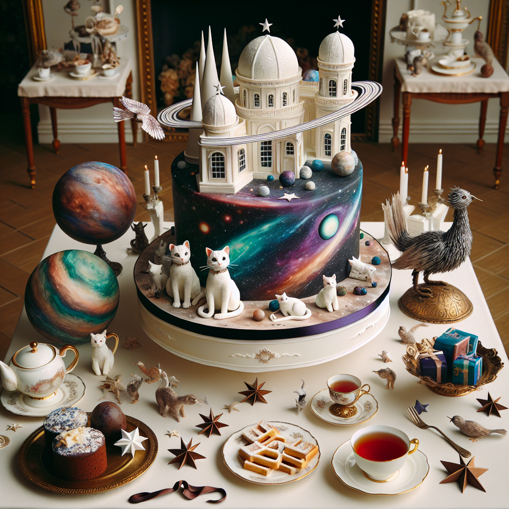 A grand party atmosphere showcases an astronomy-themed birthday cake. The cake has meticulously designed fondant galaxies and icing planets. Along the cake’s base, playful fondant cats are seen in various poses. Placed nearby are vintage teacups overflowing with hot tea and a plate filled to the brim with traditional mince and chips. Ornamental birds crafted from feathers and paper seem to flutter around the area, adding a touch of whimsy. There is also a handcrafted castle, elegant and sprawling, adding charm to the venue. Lastly, each guest is gifted an ornate box with a walnut whip inside, as a sweet ending to the festivities.
Generated with these themes: Astronomy , Cats, Tea, Mince and chips, Birds, Castle, and Walnut whip.
Made with ❤️ by AI.