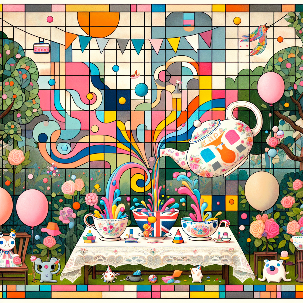 Against a backdrop of a grid inspired by early 20th-century abstract art filled with primary colors, our scene unfolds whimsically set in a lush garden. Birthday elements such as soft-hued balloons, confetti, and a pastel-colored birthday banner coexist with the artistic motif. At the center, a lovely, ornate teapot, reminiscent of traditional British iconography, pours out a stream of vibrant paint filling teacups with primary color patterns similar to early 20th-century abstract art. Around the table, delightful animal characters don festive hats, with small flags similar to those of United Kingdom waving gently, as they partake in the creative birthday celebration.
Generated with these themes: Mondrian, and Great britain.
Made with ❤️ by AI.