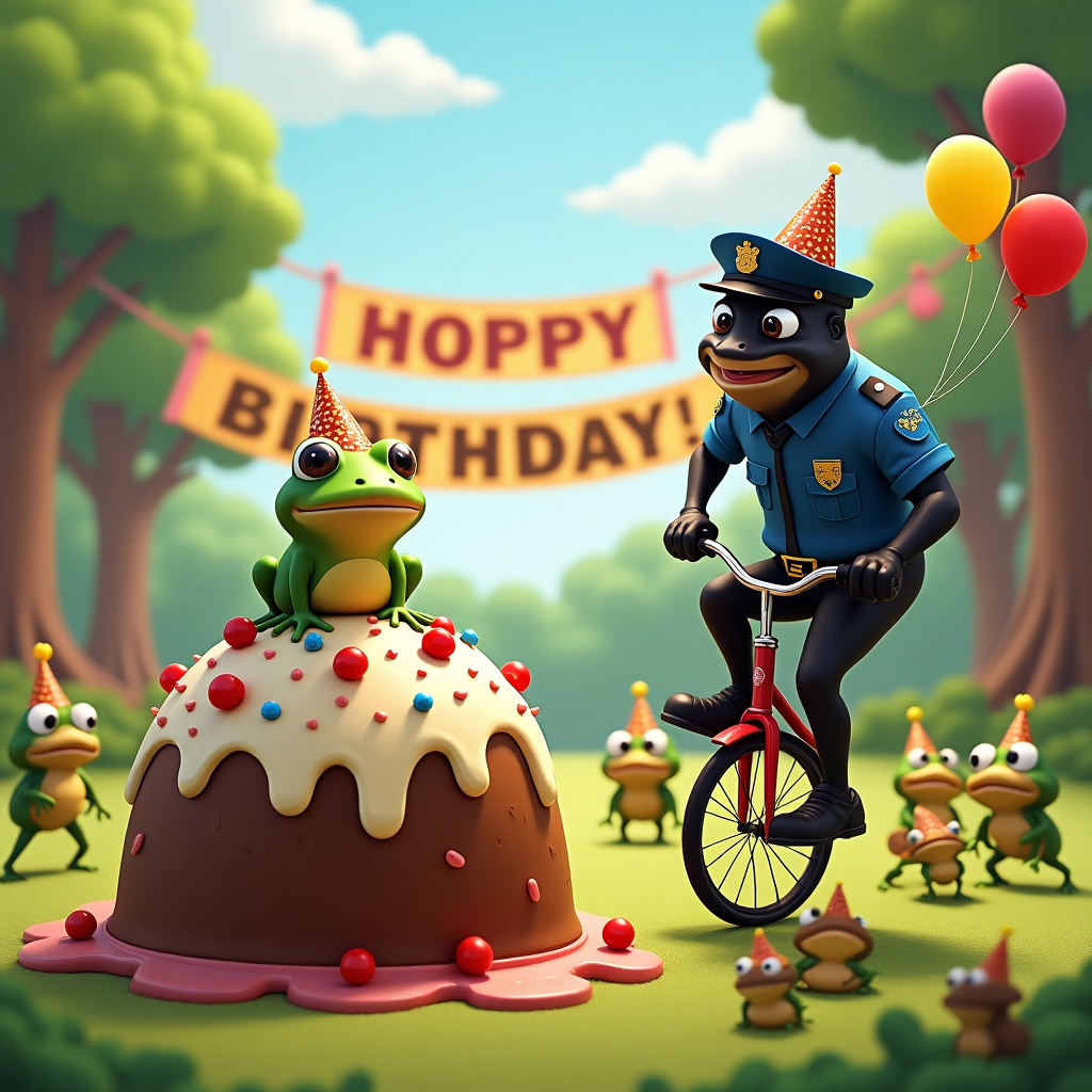 In the vibrant setting of a colorful birthday park, the central scene unfolds with a delightful twist. A plump, grinning frog, donning a tiny, sparkly birthday hat, is poised comically atop an enormous sticky pudding. The pudding is lavishly decorated with swirls of whipped cream and bright red cherries, and it glistens under the playful sun like a whimsical hill of sweetness. Nearby, a black policeman, whose uniform is festooned with confetti and a balloon tied to his belt, attempts to balance precariously on a unicycle. He is juggling three smaller sticky puddings, each wobbling in the air. The policeman's expression is a mix of surprise and determination as he navigates his challenging performance. Behind him, a backdrop of cartoonish trees stretches out, each with balloons sprouting from the branches instead of leaves. On the ground, a group of smaller frogs wearing party hats are seen cheering, their big eyes wide with excitement, while some are caught in the amusing action of licking up splatters of pudding that have dripped onto the grass. A banner in the background reads "Hoppy Birthday!" in bold, colorful letters, completing the whimsical tableau. The scene is a playful and vibrant celebration, capturing the quirky dynamics between the frog, the black policeman, and the sticky pudding, with every element contributing to the animated story.
Generated with these themes: Frog, Black policeman , and Sticky pudding.
Made with ❤️ by AI.