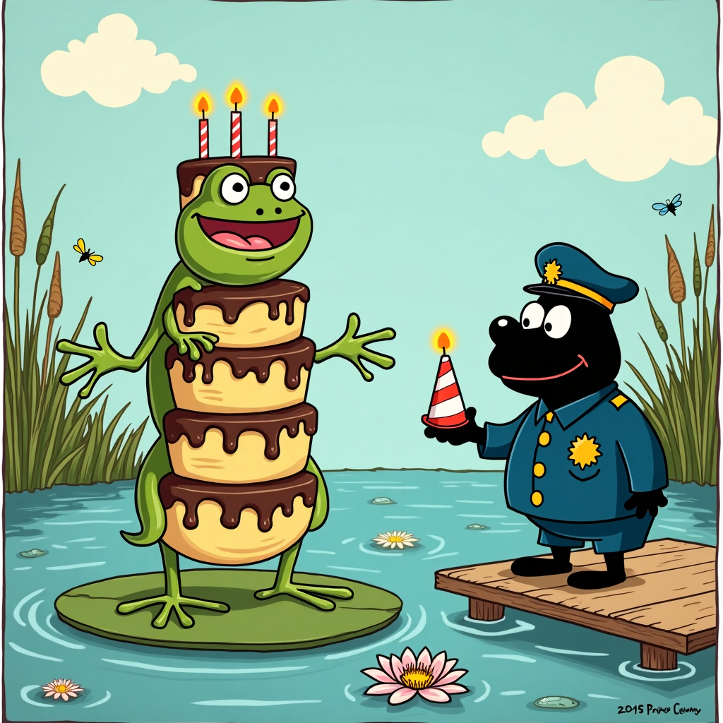 The birthday card cover unfolds in a delightful and whimsical pond scene, inspired by the storytelling flair of iconic cartoonists. In the foreground, a jovial, cartoonish frog with a dapper bow tie, reminiscent of Kermit with a dash of Calvin and Hobbes' playful mischief, is perched atop a lilypad. The frog is enthusiastically balancing a towering stack of sticky pudding, the gooey dessert comically wobbling with layers dripping and oozing with caramel and chocolate sauce. Each layer of pudding features little, cartoon-style candles, cheerfully lit and adding a warm glow to the scene.

To the right, a distinguished black policeman character, drawn with a friendly nod to Osamu Tezuka's round and expressive characters, stands on a small wooden dock that juts into the pond. The officer is adorned in a classic, vintage police uniform, complete with a polished badge, round spectacles perched on his nose, and a cheerful smile. His expression is one of good-natured surprise as he watches the frog's precarious balancing act. His hand is extended, holding a small party hat with colorful stripes, presumably to crown the frog once the birthday treat is safely delivered.

The background reveals a serene pond environment, complete with cattails, blooming water lilies, and a small cluster of curious dragonflies drawn in the playful, yet detailed style of Hergé's Tintin adventures. The sky above is a gentle twilight blue, dotted with whimsically fluffy clouds, echoing the whimsy of a Peanuts backdrop. The entire scene is bordered with a comic strip-style frame, tying together the elements of surprise and celebration in a tableau that's as charming as it is funny.
Generated with these themes: Frog, Black policeman , and Sticky pudding.
Made with ❤️ by AI.