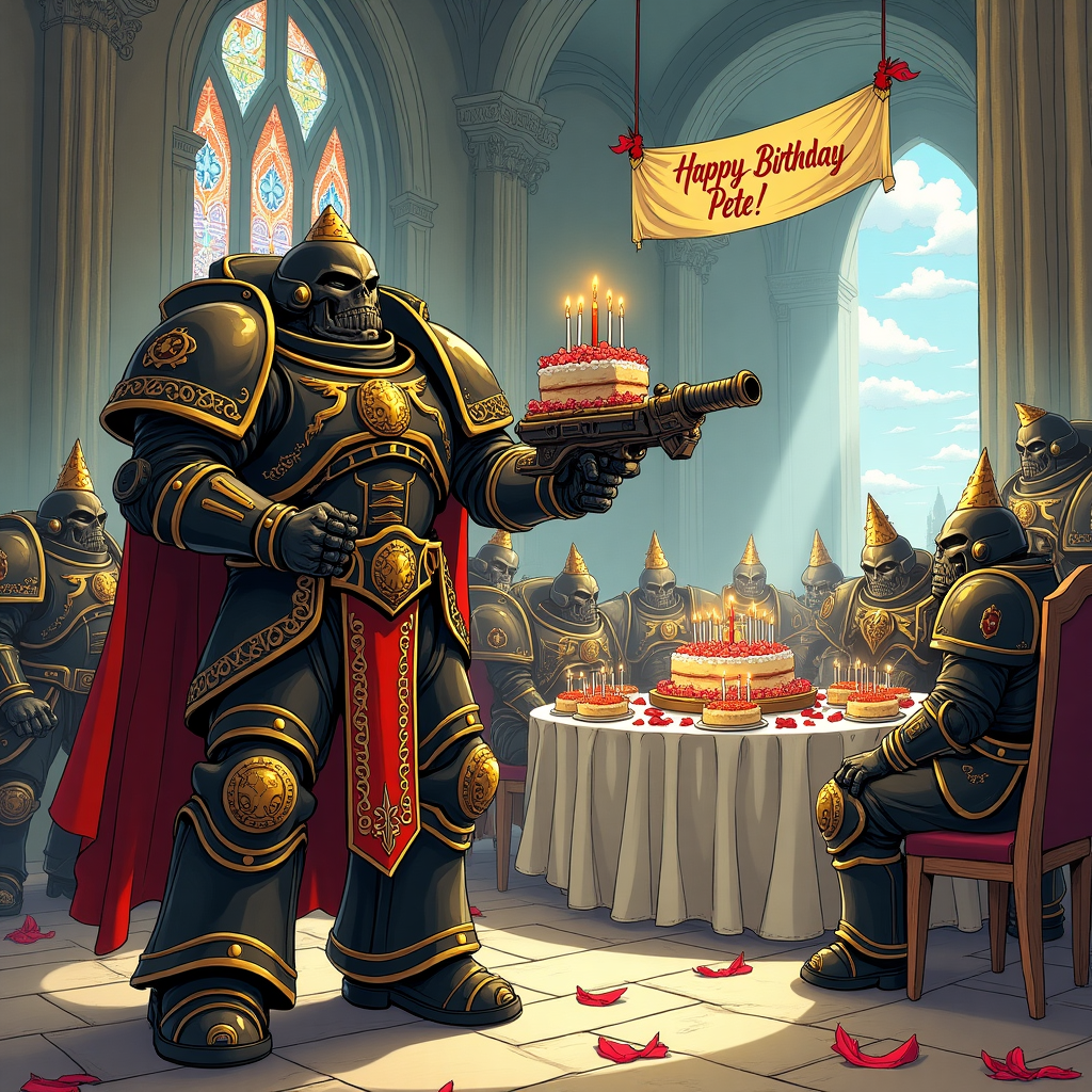 Imagine a bustling and lively scene set in the Warhammer 40k universe, with a mix of detailed whimsy and dramatic flair reminiscent of classic illustrators.

**Foreground:**  
- Center stage, we have a detailed hand-drawn illustration of a Warhammer 40k Brother Chaplain, clad in intricately designed power armor, with gothic motifs and embossed skulls. His armor gleams in metallic shades of black and gold, with hints of crimson red detailing on his shoulder pads.
- In his hand, he holds a massive, ornate Crozius Arcanum, adorned with swirling patterns reminiscent of Aubrey Beardsley’s line work. The weapon’s head is topped with a miniaturized birthday cake, candles aglow.

**Background Elements:**  
- The scene is set in a cathedral-like structure with towering gothic arches and stained glass windows that cast colorful patterns across the stone floor. The window designs depict epic battles and are reminiscent of Maurice Sendak’s detailed backgrounds.
- To the right, a grand banquet table is laden with oversized pieces of exaggeratedly decorated cake and an abundance of party snacks. The cakes are elaborately decorated, perhaps with pastel colors and intricate piping, echoing Beatrix Potter’s delicate style but on a much grander scale.

**Characters and Details:**  
- Various Space Marines, also in ceremonial armor but with elements of humor, are gathered around the table. Some have party hats jauntily perched on their helmets, an amusing juxtaposition against their otherwise fierce appearance.
- An Ultramarine is attempting to blow out candles with exaggerated effort, cheeks puffed out, adding a touch of Quentin Blake’s expressiveness to the scene.
- Suspended above, a banner in bold, flowing script reads "Happy Birthday, Pete!" The letters seem to swirl like Maxfield Parrish’s dreamy clouds, and the banner is held aloft by small, mechanical cherub servitors.

**Sky and Surroundings:**  
- Outside the cathedral’s large, arched windows, the sky is a dramatic swirl of vivid purples and oranges, in the style of Gustave Doré’s epic celestial scenes. Tiny spacecraft zip through the sky, leaving trails of glittering stardust.
- Below the window, a row of potted alien plants with tentacle-like leaves adds a whimsical, Sendak-inspired touch to the setting.

This scene is a fusion of intense Warhammer 40k elements with playful, detailed illustration styles, resulting in a birthday card that’s both epic and charmingly humorous.
Generated with these themes: Warhammer 40k brother chaplain, and W40k chaplain.
Made with ❤️ by AI.