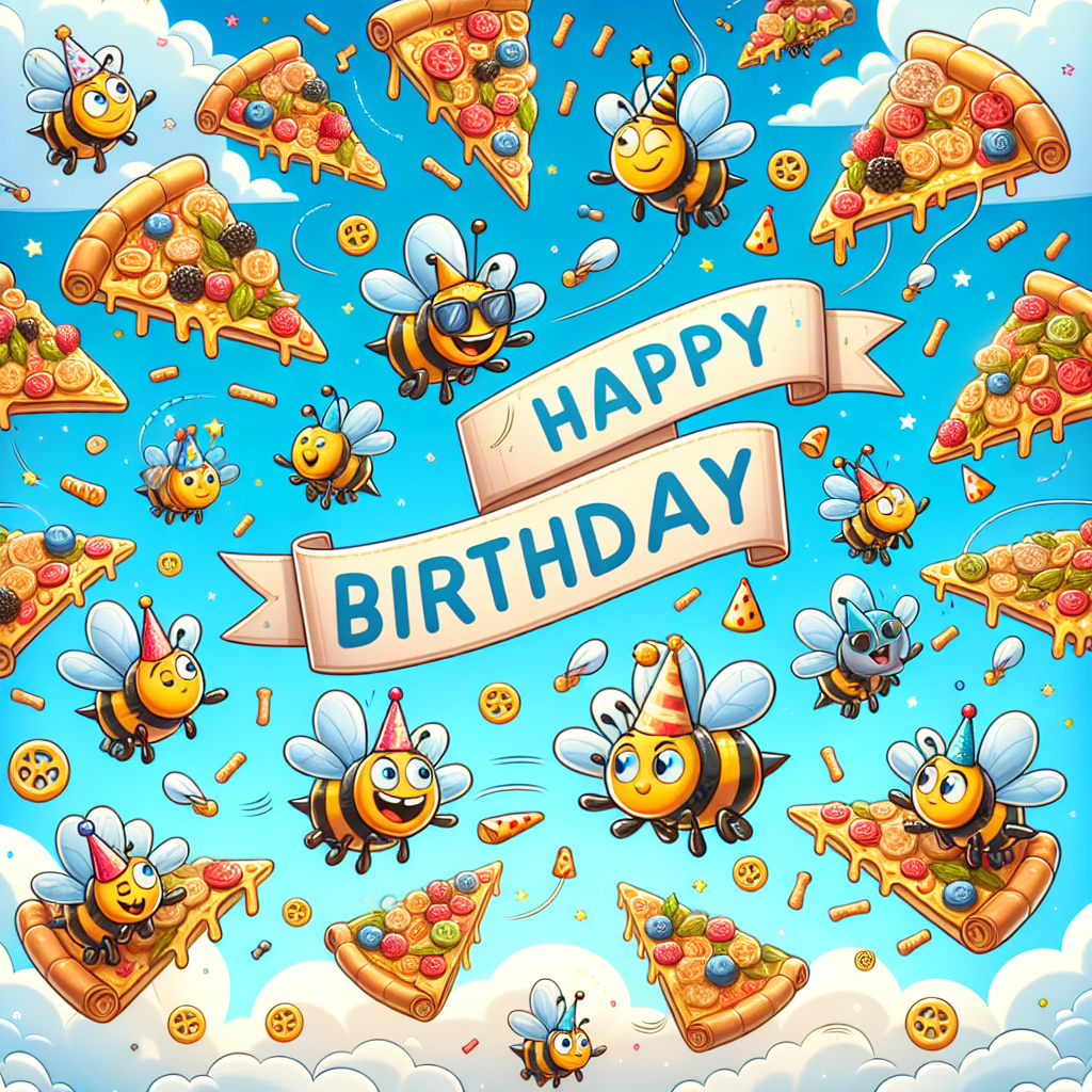 Create an image of a birthday card design showcasing an amusing and playful cartoon scene. There are bees in festive clothes appearing joyful and smiling while floating around. They navigate among scattered pizza slices loaded with various toppings. These slices are creatively sprinkled across the image. The backdrop is a lively, radiant blue sky where playful aircrafts make their way through the fluffy clouds. Each airplane is dragging a banner behind them that joyfully exclaims 'Happy Birthday!'. The entire scene fosters a sense of celebration and fun.
Generated with these themes: Bees, Pizza, and Planes.
Made with ❤️ by AI.