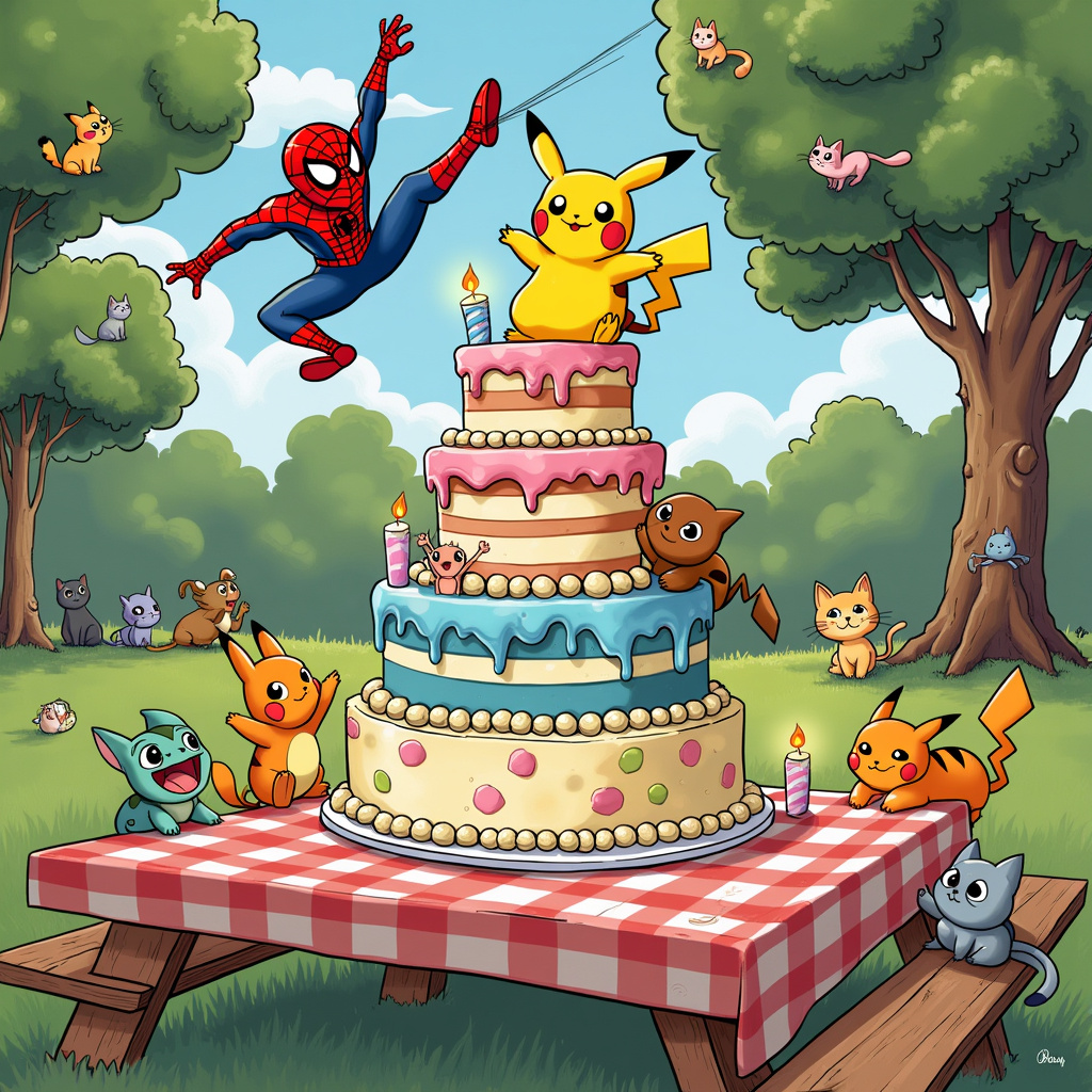 In the whimsical scene of our birthday card, the viewer is immediately captivated by the colorful chaos unfolding in the center of a vibrant park setting. Picture a large, whimsical birthday cake with five towering tiers, each decorated with a different theme representing our beloved characters. The cake is perched precariously on a large, sturdy picnic table covered with a checkered tablecloth.

To the left of the cake, Spider-Man is in mid-air, performing an impressive flip while shooting a stream of web to steady the wobbling cake, ensuring it doesn't topple over. He's drawn in a dynamic, exaggerated pose, reminiscent of the energy found in Osamu Tezuka’s manga. The web he's shooting attaches to a tree in the background, where a group of curious cats watches the action unfold with wide, expressive eyes, their tails twitching with curiosity. Some cats are sitting on the tree branches, and others are playfully dangling from Spider-Man’s web, adding a humorous touch inspired by Gary Larson’s "The Far Side".

On the right side of the cake, the Hulk, drawn with the bulky, exaggerated proportions akin to the characters in Charles Schulz’s Peanuts, is gently (but awkwardly) holding a small, delicate cat in one hand, attempting to place it back on the ground. His face is scrunched in concentration, his green muscles bulging humorously as he tries to be gentle, showing a softer side rarely seen. The cats around him look up with a mix of curiosity and confusion, clearly not used to such gentle handling from such a massive figure.

Front and center, we have Pikachu, drawn with the playful, lively lines of Walt Disney's classic characters, energetically holding a slice of cake that's almost as big as he is. Pikachu’s cheeks are puffed out as he attempts to blow out a single candle on his slice, sparking with little electric zaps. Surrounding Pikachu are various Pokemon, each engaging in their antics: Bulbasaur is using its vines to lift another piece of cake, while Charmander’s tail flame is inadvertently too close to a balloon, which is about to pop, adding an element of impending slapstick humor akin to Bill Watterson’s Calvin and Hobbes.

In the background, between the trees, Tintin and Snowy can be seen, with Tintin waving cheerfully and Snowy looking curiously at the scene, adding an Easter egg for fans of Hergé’s work.

The entire scene is framed with a border of colorful, swirling balloons and streamers, giving it a festive feel. The detail and liveliness of the scene are designed to draw the viewer in, with each character’s personality shining through their interactions, making it a birthday card that’s bursting with life and humor.
Generated with these themes: Pokemon, Hulk, Spiderman, Cake, and Cats.
Made with ❤️ by AI.