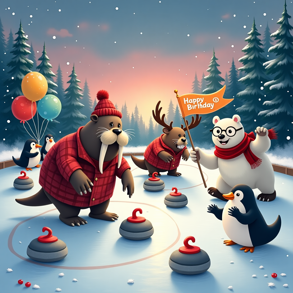 In this whimsical birthday card scene, imagine a lively curling rink set in the heart of Canada, where a mix of humans and cartoon animals are engaging in an uproarious curling match. The rink is bustling with characters, each bringing their own charm and quirks to the scene. At the center, a walrus with a curiously distinguished mustache is bending low, skillfully poised to release a rock down the glistening sheet of ice. His beady eyes focus intensely on the target, his large flippers guiding the rock with precision. 

Behind him, a beaver in a red plaid flannel, complete with a little woolen toque, energetically sweeps the ice, his oversized teeth peeking out as he grins from ear to ear. Beside him, a moose, surprisingly agile on its hooves, gives an enthusiastic clap, its large antlers festooned with colorful balloons tied with strings that dangle whimsically. 

On the sidelines, a small cheering section includes a cluster of animated penguins, each wearing mini scarves, clapping their flippers together and bouncing with excitement. A polar bear, holding a flag with "Happy Birthday" scrawled in bold, vibrant letters, stands proud, occasionally adjusting his round glasses perched atop his nose.

In the background, snowflakes lightly drift down from a sky painted in twilight hues of pink and purple, casting a magical glow over the scene. The rink's borders are lined with towering fir trees, their branches gently dusted with snow. The curling rocks themselves are humorously oversized, with exaggerated features like googly eyes and cartoonish expressions, adding to the hilarity of the spectacle.

This delightful mix of playful characters and quirky elements, all set on a curling rink, brings the card's birthday greeting to life with a touch of humor and Canadian charm.
Generated with these themes: A Curling rink in Canada, Throwing the rock down the ice, and Teammates clapping.
Made with ❤️ by AI.