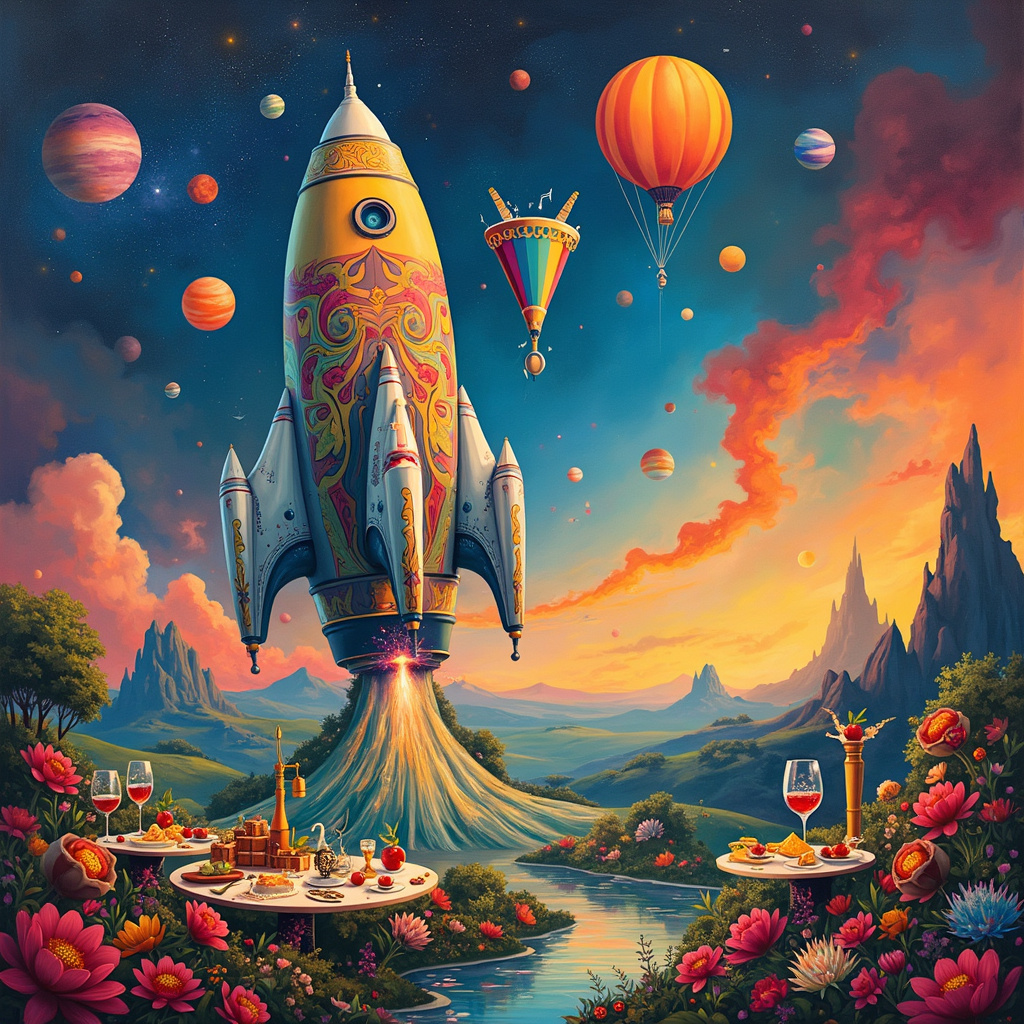 Imagine a vibrant, surreal landscape where the elements of space, tattoos, Rocket League, cocktails, nature, good food, Runescape, board games, and music coalesce in a delightful cacophony of color and form.

At the center of the scene, a towering, abstract rocketship inspired by Rocket League takes off, its body covered in intricate tattoo-like patterns—tribal motifs, florals, and fantastical creatures that shimmer in the cosmic light. The rocketship's exhaust is a whirl of confetti-colored swirls, reminiscent of Jackson Pollock’s splatter technique, but instead of paint, it's made up of miniature musical notes, RuneScape weapons, and tiny board game pieces, cascading down like a waterfall.

To the left, an enormous cocktail glass, seemingly plucked from a Salvador Dali painting, stands on an angle, its liquid forming a gradient of Rothko-esque hues from deep indigo at the base to a bright, translucent yellow at the top. Floating in the cocktail are planets and stars, echoing the grandiosity of space, and the rim is garnished with tiny edible Runescape gold coins and a sprig of mint.

Towards the right, a vast, lush garden inspired by Agnes Martin’s linear precision sprawls out, with flowers and foliage growing in perfect geometric patterns, their leaves adorned with Mondrian-like grids. In this garden, a grand feast is set: a table bursting with good food—a smorgasbord of sushi rolls, cheese platters, and towering cakes, each dish more ornate than the last, their details rendered with the meticulousness of a Richter painting.

Above, the sky is a twisted, ethereal mix of Kandinsky’s abstract shapes and Miro’s playful forms, where constellations are reimagined as musical staves and notes, dancing and intertwining in a celestial symphony. Hovering balloons carry board games instead of baskets; Scrabble tiles, chess pieces, and Monopoly houses spill out, floating in mid-air, contributing to the whimsical scene.

The entire background is bathed in de Kooning’s frenzied brushstrokes, creating a dynamic, almost kinetic energy, while Cy Twombly’s scribbles add an extra layer of chaotic beauty to the periphery.

In this surreal birthday card, every detail sings, dances, and celebrates in a harmonious blend of the eclectic themes, each vying for attention yet complementing the other in a fantastical tableau.
Generated with these themes: Space, Tattoos, Rocket League, Cocktails, Nature, Good food, Runescape, Board games, and Music.
Made with ❤️ by AI.