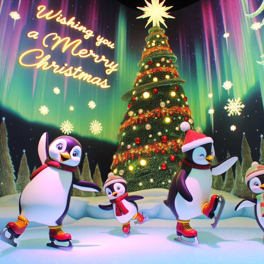 This whimsical cartoon features a family of penguins on ice skates, gliding around a lavishly decorated Christmas tree. The tree is sprinkled with glittering stars and swirling snowflakes, casting a magical glow over the scene. In the backdrop, the northern lights illuminate the text 'Wishing you a Merry Christmas' in a vibrant display that mirrors the joy of the skating penguins below.
Generated with these themes: Christmas tree, Stars, and Snowflakes.
Made with ❤️ by AI.