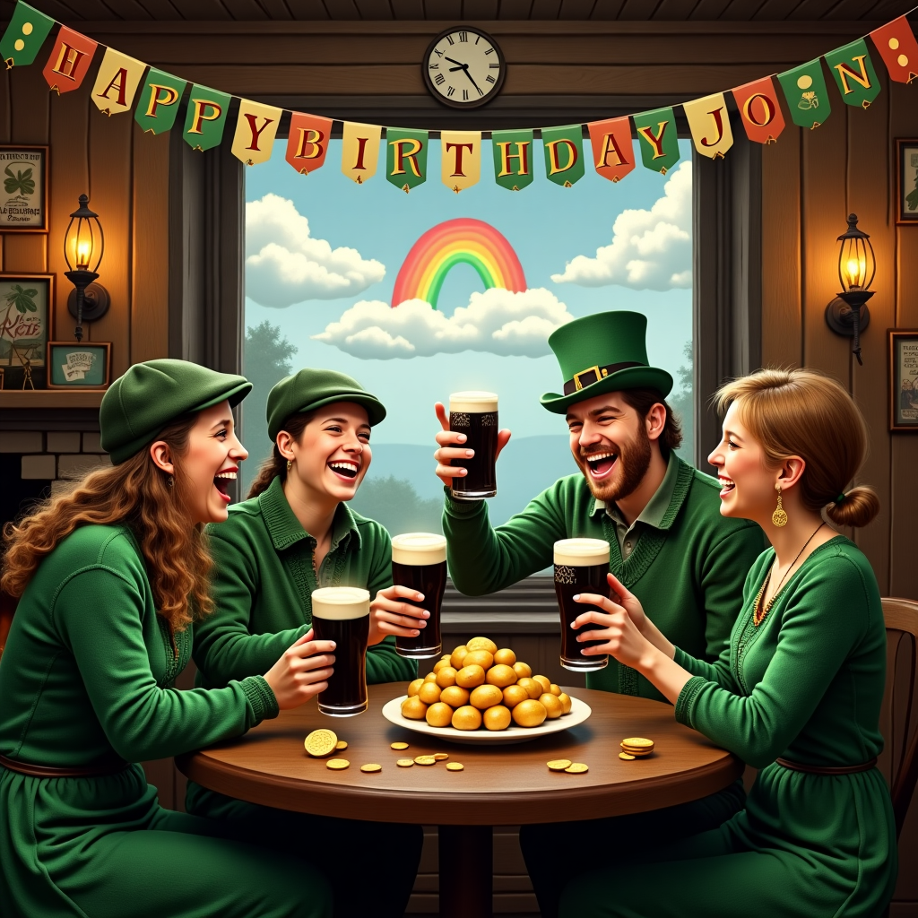 Two men and women in an Irish pub drinking Guinness eating potatoes Birthday Card