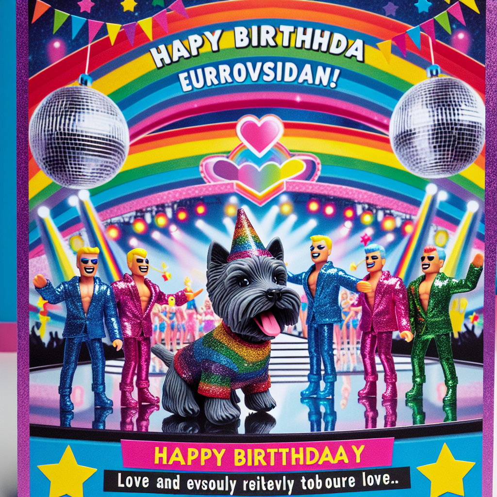 Create a vibrant and cheerful birthday card showcasing a whimsical mock Eurovision stage. Include colorful rainbows and gleaming disco balls creating a kaleidoscope of reflected hues. The main attraction is an animated West Highland Terrier on stage, wearing a glittery party hat and enthusiastically belting out a birthday tune. Accompanying him, generic toy figures clothed in flamboyant, sparkly outfits are dancing with joy. Emphasize the borders of the card with bold, catchy phrases celebrating love and diversity, giving it the feel of vibrant advertising flyers.
Generated with these themes: Eurovision , Gay , Advertising , West highland terrier , and Lego.
Made with ❤️ by AI.