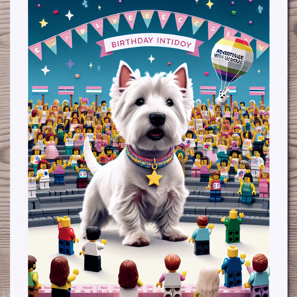 Generate a birthday invitation design taking inspiration from a joyous, heartwarming cartoon. The main element of this design is a West Highland Terrier depicted in a cartoon style, wearing a bright collar. The dog stands in front of a crowd made from Lego characters, arranged to represent an audience at the Eurovision Song Contest. The crowd holds numerous miniature pride flags symbolizing inclusivity and unity. In the sky above the scene, a Lego balloon is floating, dragging a banner that reads 'Advertise with us!' This playful nod to the commercial aspect should add a humorous touch to the image. The entire scene is framed within a border with soft edges.
Generated with these themes: Eurovision , Gay , Advertising , West highland terrier , and Lego.
Made with ❤️ by AI.
