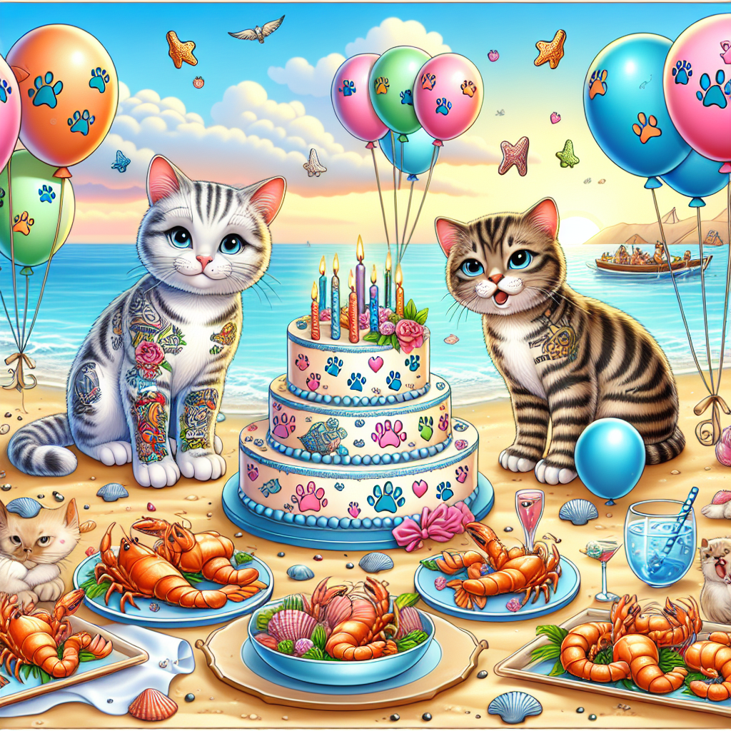 Generate a cartoon-style image of a birthday party happening by the seashore. There should be tattooed cats with charming expressions, seemingly celebrating and having fun. These cats are surrounded by a variety of balloons decorated with paw-print designs. Also, the air seems to be filled with the mouthwatering aroma of seafood delicacies that are artfully arranged on the festivity tables. In the middle of the setting should be a huge birthday cake decorated with icing that resembles seashells and starfish. A couple of cats can be seen waiting playfully, eager for a slice of the cake.
Generated with these themes: Cats, Tattoos, and Seafood.
Made with ❤️ by AI.