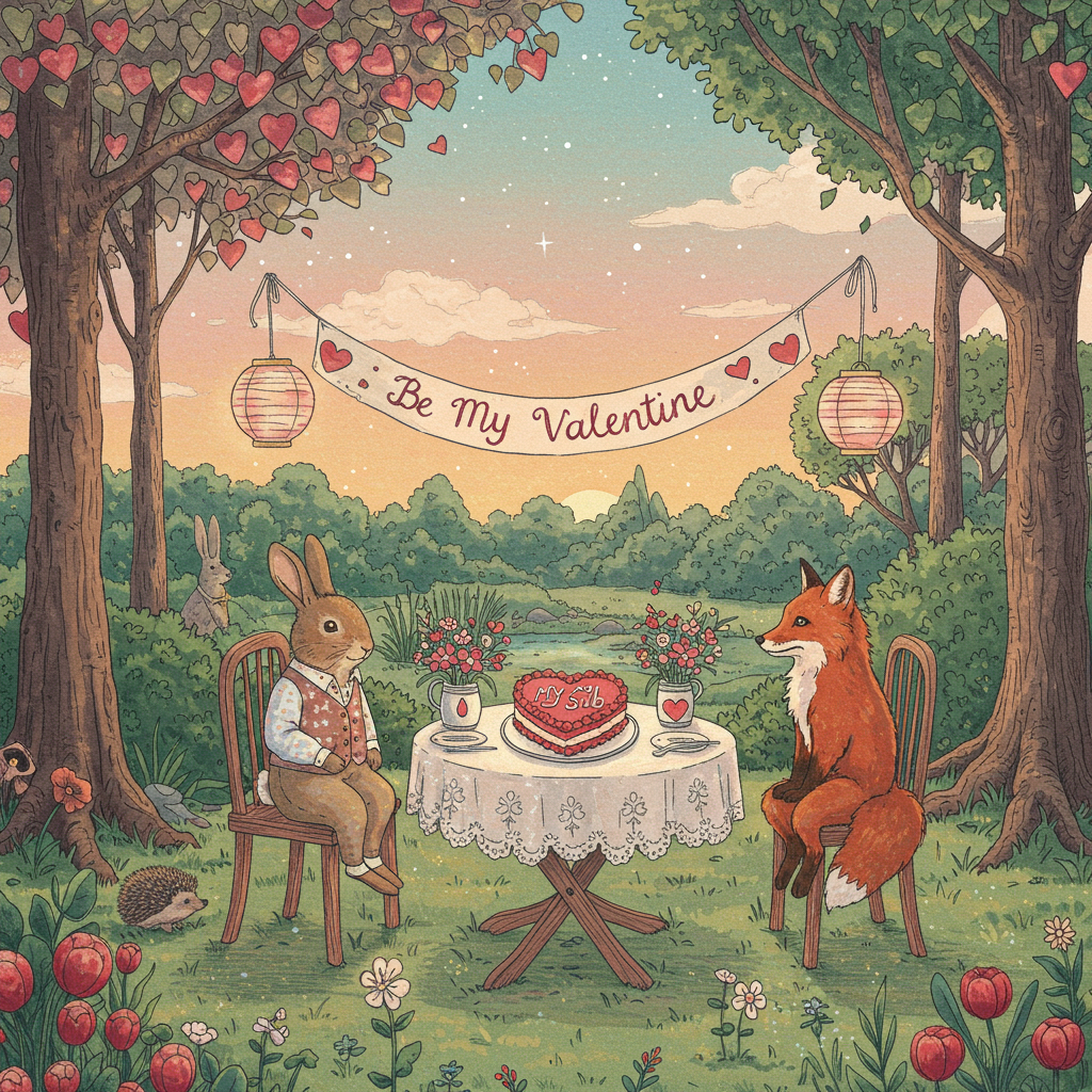 The scene is set in a whimsical, enchanted forest clearing bathed in the soft, golden hues of a setting sun. Lush, verdant trees surround the scene, their branches heavy with heart-shaped leaves in various shades of pink, red, and white, reminiscent of an enchanted Valentine's grove.

In the foreground, a charming hand-drawn wooden table is set for two. The table is covered with a delicate lace tablecloth, its intricate patterns echoing the delicate detailing found in Aubrey Beardsley's works. Atop the table sits a delectable heart-shaped cake, iced in a rich, velvety red with delicate swirls of white. The words "My Sub" are whimsically written in elegant script with white icing on the cake’s surface.

Perched on a dainty chair beside the table is an anthropomorphic rabbit, styled in the spirit of Beatrix Potter’s gentle creatures. The rabbit is adorned in a dapper little vest and bow tie, painted in soft blues and creams. Across the table sits its companion, a charmingly drawn fox, dressed in a similar fashion but with a vibrant red waistcoat, its bushy tail peeking from behind the chair.

In the background, a banner strung between two heart-leafed trees reads "Be My Valentine" in an elegant, flowing script reminiscent of Quentin Blake’s playful lines. Hanging from the banner are delicate paper lanterns, casting a warm, inviting glow over the scene.

Above, the sky is an impressionistic swirl of pastels, with clouds that echo Maxfield Parrish’s dreamy skies, painted in soft lavenders and peaches. Tiny, twinkling stars begin to appear as the sun dips below the horizon, adding a touch of Maurice Sendak’s magical whimsy.

In the background, nestled among the trees, a small brook trickles, its waters glittering with reflections of the evening sky. A few woodland critters—perhaps a hedgehog and a couple of squirrels—peer curiously from the foliage, adding a touch of Edward Gorey’s quiet intrigue.

The entire scene is enveloped in a sense of intricate detail and expressive style, with cross-hatched shading and fine line work, paying homage to the illustrative techniques of Arthur Rackham and Gustave Doré. The composition is detailed, inviting the viewer to explore every element of this delightful Valentine’s Day wonderland.
Generated with these themes: Be My Valentine.
Made with ❤️ by AI.