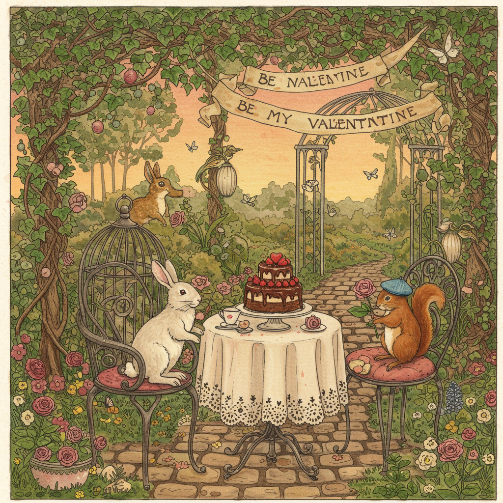 In the foreground of the card, a charming, hand-drawn illustration reveals a quaint little outdoor café set within an enchanted garden. A vintage, wrought-iron table is draped with a delicate lace cloth, upon which rests a sumptuous two-tiered chocolate cake, topped with red velvet hearts and a cascade of tiny pink roses. Nestled between the roses is a small banner proclaiming "My Sub" in elegant, handwritten script.

To the left of the table, an antique, birdcage-like chair cradles a fluffy white rabbit wearing a crimson bowtie, its ears perked attentively. Opposite the rabbit, a dainty squirrel wearing a tiny blue beret perches on the armrest, offering a single rose with a delicate paw.

Above, an elaborate tree canopy intertwines with vibrant ivy and pastel blossoms, creating an idyllic umbrella of flora. Hints of Beatrix Potter’s influence can be seen in the detail of the fauna, while the twisting branches nod to Arthur Rackham's whimsy.

In the background, a Norman Rockwell-inspired cobblestone pathway winds through the garden, leading the eye towards an ornate iron archway. Hanging from the arch is a whimsical banner adorned with watercolor-like brushstrokes that declare, "Be My Valentine" in flowing, art nouveau lettering reminiscent of Aubrey Beardsley.

The color palette is rich and inviting, with warm earth tones contrasting against soft, romantic pastels. The sky above is a gradient of sunset hues, reminiscent of Maxfield Parrish's dreamy landscapes, casting a golden glow over the entire scene. Softly fluttering around are delicate, white butterflies, adding a touch of ethereal charm.

This picturesque setting combines a sense of playful imagination with a nod to classic illustration styles, creating a unique and captivating Valentine's Day greeting card.
Generated with these themes: Be My Valentine.
Made with ❤️ by AI.
