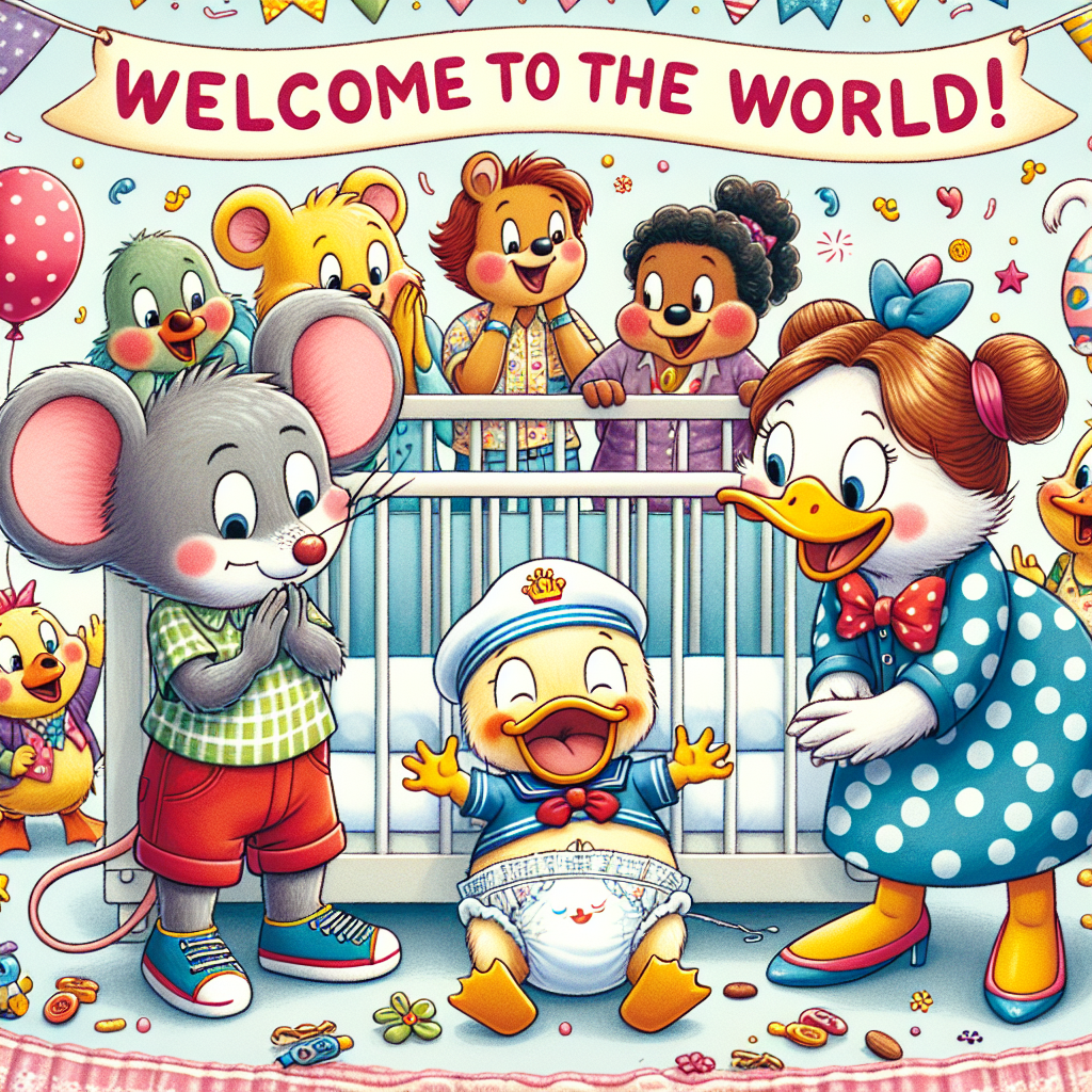 A lighthearted cartoon scene takes place, showing a joyful gathering of assorted animal characters and a multicultural group of friends gathered around a baby's crib. In the center, a cheeky mouse in red shorts and a lady mouse in a polka-dot dress cheer, as a playful duck wearing a sailor suit and now a diaper, pops out from behind the crib, making everyone chuckle. Delightful balloons and streamers decorate the background, with the words 'Welcome to the World!' written in playful, colorful letters.
Generated with these themes: Friends, and Disney.
Made with ❤️ by AI.
