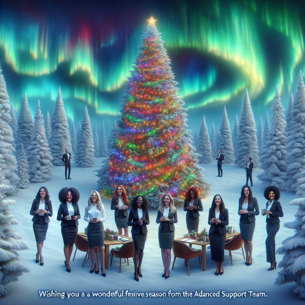 Visualize a surreal Christmas office party scene set against a backdrop of a majestic winter wonderland. Surrounded by snow-laden pine trees, ten females and one male are merrily decorating an enormous, glowing Christmas tree. Beneath a sky of aurora borealis, the floating text 'Wishing you a wonderful festive season from the Advanced Support Team' casts a warm glow on the festive revelers.
Generated with these themes: winter office scene 10 females and one male having fun.
Made with ❤️ by AI.