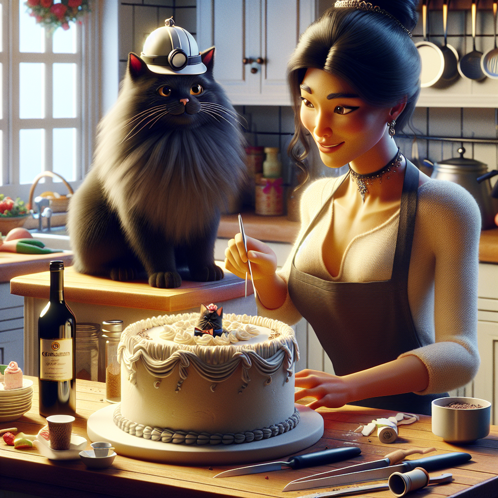 Render a heartwarming scene that celebrates a special day. At the heart of this anniversary celebration, depict an endearing long-haired black feline, whimsically outfitted with a miniature engineer's helmet, as it watches with intrigue a glamorous drag queen, who is expressing her creativity in decorating an intricate cake. She is of South Asian descent. The scenario unfolds in a homey kitchen teeming with culinary tools, where a high-quality bottle of wine rests on the counter, signifying an ongoing feast.
Generated with these themes: Long haired black cat, Engineering , Cooking , Drag queens, and Wine.
Made with ❤️ by AI.