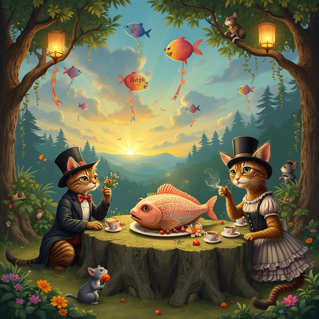 Picture a whimsical outdoor birthday celebration set in a lush, enchanted forest reminiscent of Maurice Sendak’s “Where the Wild Things Are.” The foreground features a large, moss-covered tree stump turned into a charming rustic table, adorned with a cake shaped like a giant fish—clearly influenced by Beatrix Potter’s love for animals. This cake has bright, whimsical colors and is topped with a delicate banner made from small twigs and leaves that reads "Happy Birthday Paula" in playful, looping script.

Around the table, a merry band of anthropomorphic cats dressed in Victorian-era clothing—a nod to the detailed character work of Arthur Rackham—are engaged in various activities. One cat, in a top hat and monocle, is pouring tea into teacups shaped like acorns. Another, in a frilly dress and bonnet, is presenting a bouquet of wildflowers tied with a ribbon that has "Paula" subtly embroidered on it.

In the background, N.C. Wyeth-inspired rolling hills and distant, towering trees are visible, with sunbeams filtering through the canopy, creating a magical light. Perched on the branches above, several smaller cats are hanging tiny, colorful lanterns that light up as the scene transitions into twilight. The name "Paula" is cleverly spelled out in the twinkling lantern lights, shining brightly among the leaves.

High above, in a sky that channels the dreamy quality of Maxfield Parrish’s work, fluffy clouds form the letters of "Paula" as they drift lazily, framed by a brilliant sunset. Nearby, Edward Gorey-like cats, characterized by their quirky, gothic charm, are flying kites shaped like fish that trail banners reading “Happy Birthday.”

The whole scene is teeming with delightful details—frogs wearing bow ties, rabbits peeking from behind bushes, and birds in tiny hats—all coming together to create an enchanting, vibrant birthday celebration for Paula.
Generated with these themes: Cats.
Made with ❤️ by AI.