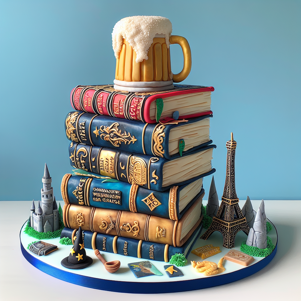 Photo-style illustration of a birthday cake shaped like a stack of Harry Potter books, topped with a foaming beer mug and decorated with edible landmarks from around the world.
Generated with these interests: Beer, Harry Potter, and Travelling.
Made with ❤️ by AI.