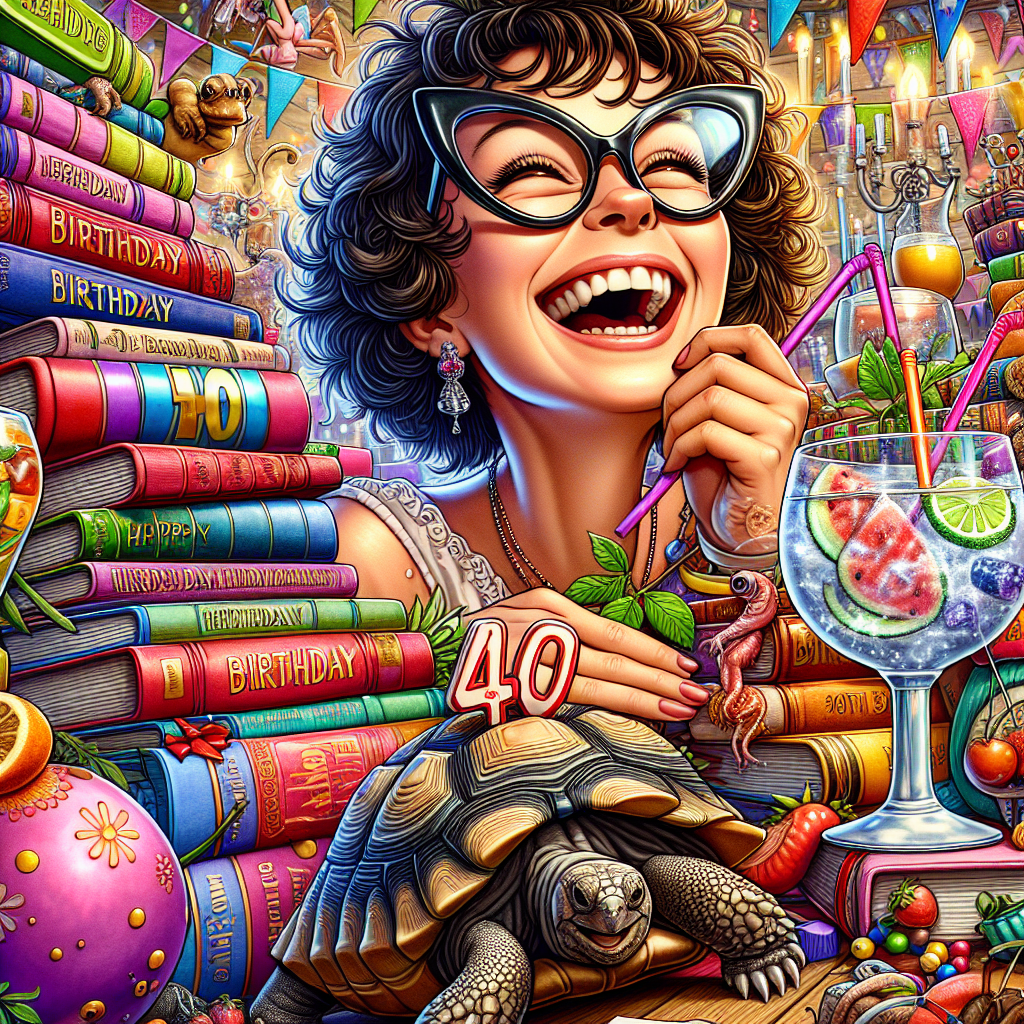 A jovial and colorful scene sets the stage for a 40th birthday cartoon celebration, intricately detailed to feature a cheerful young Caucasian lady, her short curly dark hair bouncing as she laughs behind her distinctive cat-eye shaped glasses. She's engulfed in a cozy mountain of journals, each cover more vibrant than the last, while a placid tortoise ambles in the foreground, adding to the charming chaos. The atmosphere is tinged with festivity, underscored by the strums of a nearby music gig bursting with melodies. To top it off, oversized glasses brimming with gin and a medley of fruits sit perched, inviting a toast to the joyful occasion.
Generated with these themes: 40th birthday celebrations, a young white lady with short curly dark hair and cat eye shaped glassessurrounded by piles of notebooks, a tortoise in the foregroound and an overall sense of fun., Music gig, and Large glasses of gin with fruit in.
Made with ❤️ by AI.