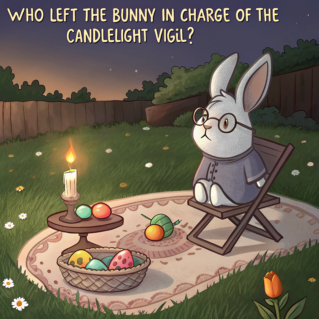 At the top of the image, "Who left the bunny in charge of the candlelight vigil?"

- The image is a realistic photograph scene set at dusk in a grassy backyard with Easter decorations scattered around.
- In the center, a very serious-looking rabbit (a real, slightly chubby lop-eared one) sits on a tiny folding chair in front of a fancy scented candle placed on a doily-covered plate.
- The rabbit wears miniature reading glasses perched on its nose and a comically tiny robe tied around its middle.
- Around the bunny are pastel-painted eggs arranged in a perfect circle, like a ceremonial shrine.
- In the background, another rabbit peeks from behind a bush, clearly confused.
- A gentle warm candlelight glow illuminates the bunny’s fuzzy face as if something profound is happening… but it's definitely not.

At the bottom of the image, "Let us all bow our ears and remember where we hid the chocolate."
Generated with these themes: CANDLE.
Made with ❤️ by AI.