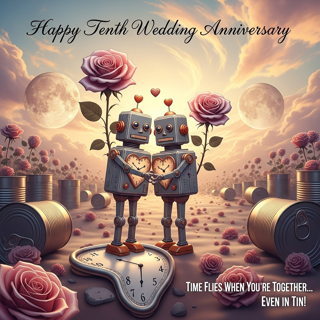 At the top of the Surreal Style image, "Happy Tenth Wedding Anniversary" in elegant, flowing script.

**Image Description:**

In a dreamlike, surreal landscape, a pair of vintage tin robots, with delicate heart-shaped clockwork mechanisms, stand in a whimsical embrace atop a melting clock. The sky swirls in shades of pastel pink and gold, echoing a romantic sunset. Oversized roses bloom from the metallic bodies of the robots, petals shimmering like liquid metal. Around them, a garden of oversized, floating tin cans forms a heart-shaped path, leading into the distance where two moons hover, their surfaces reflecting each other like soulmates. 

In the bottom corner of the image, the text playfully reads: "Time Flies When You're Together... Even in Tin!"
Generated with these themes: Tin , and .
Made with ❤️ by AI.