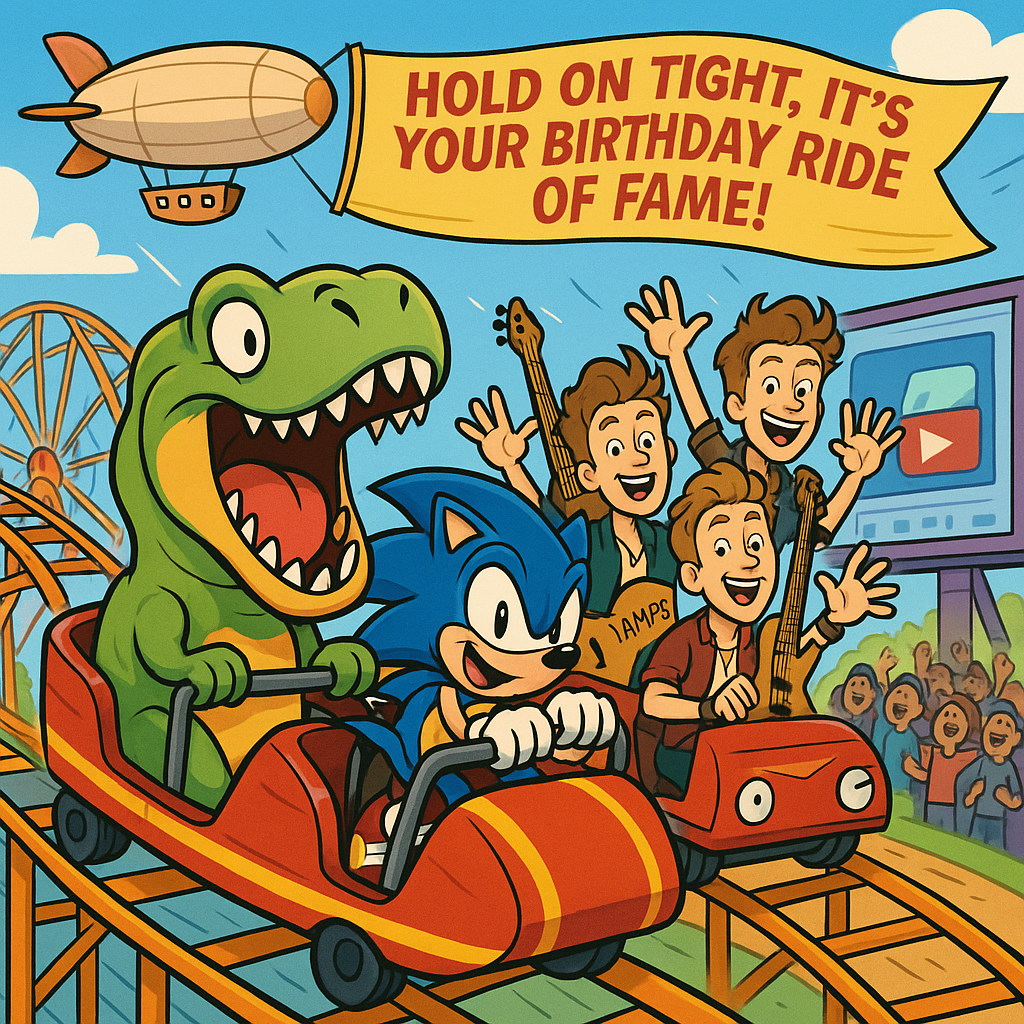 **Prompt for Image Creation:**

Imagine a wild and vibrant amusement park setting. In the foreground, a rollercoaster zooms by with cartoon-style exaggerated dynamics. At the front of the rollercoaster, a joyful T-Rex with a ridiculously oversized head and tiny arms clings to the safety bar, screaming in delight. Beside it, Sonic the Hedgehog leans forward with an excited grin, his spiky blue quills catching the wind.

In another cart, The Vamps' members are animated in a playful manner, their instruments strapped securely to their backs, as they wave to the viewer with exaggerated expressions. Overhead, a banner unfurls from a passing blimp emblazoned with a cheeky message: "Hold on tight, it's your birthday ride of fame!"

In the background, a giant screen displaying the YouTube logo plays video clips, capturing the attention of a cartoon crowd gathered below, adding to the sense of a fun-filled birthday extravaganza.

The overall scene is lively and colorful, with vibrant hues and dynamic cartoon lines, embodying a whimsical, celebratory energy perfect for a birthday card.
Generated with these themes:  Rollercoaster,  t-rex,  YouTube,  The Vamps  and  sonic the hedgehog. ,, and .
Made with ❤️ by AI.