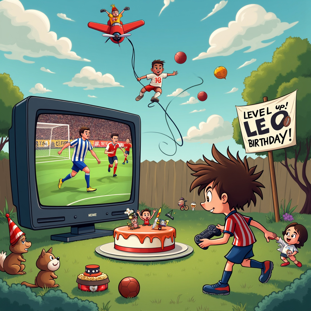 The scene takes place in a whimsical, cartoonish backyard with vibrant green grass and a slightly over-the-top blue sky peppered with fluffy white clouds. On one side of the yard, there's a large TV set up outdoors, showing a heated football match. The TV is comically oversized, almost like a drive-in movie screen, complete with enormous speakers. On the screen, animated football players are mid-action, their exaggerated expressions of determination and excitement jumping out to the viewer.

In the foreground, we have Leo, a young boy with wild, tousled hair and a football jersey that's way too big for him, making him look comically small. He’s holding a Playstation controller, intensely focused on the screen. The controller's cord (in a nod to old-school gaming) hilariously stretches out to the TV, tangling around various obstacles like a gnome, a sprinkler, and even a confused squirrel holding a mini-football.

Next to Leo, there’s a round birthday cake set up on a small table. The cake is iced in bright colors resembling a football field, with tiny player figurines kicking a miniature ball on the frosting. On top of the cake, the words "Happy Birthday Leo" are written in playful, balloon-like letters.

Behind Leo, we see a goalpost where another character, a playful dog wearing a referee cap, is attempting to guard the net. The dog’s tongue is lolling out, and it looks ready to pounce on an incoming football. Nearby, a gaggle of Leo’s friends are also engrossed in various activities: one is mid-air, caught in a dramatic dive towards a PlayStation controller-shaped piñata, while another is balancing on a unicycle, juggling small footballs.

In the sky, formed by fluffy clouds, is a playful depiction of Leo's name, "L E O", with a small animated airplane flying by towing a banner that reads "Level Up! Happy Birthday!" The airplane is piloted by a caricature of Astro Boy, adding a nod to Osamu Tezuka’s influence.

The entire scene is packed with action and movement, every corner filled with quirky details that nod to the artistic influences mentioned. From the cartoonish expressions to the dynamic poses, the scene is a delightful birthday spectacle brimming with football and PlayStation-themed chaos.
Generated with these themes: Football, and Playstation.
Made with ❤️ by AI.