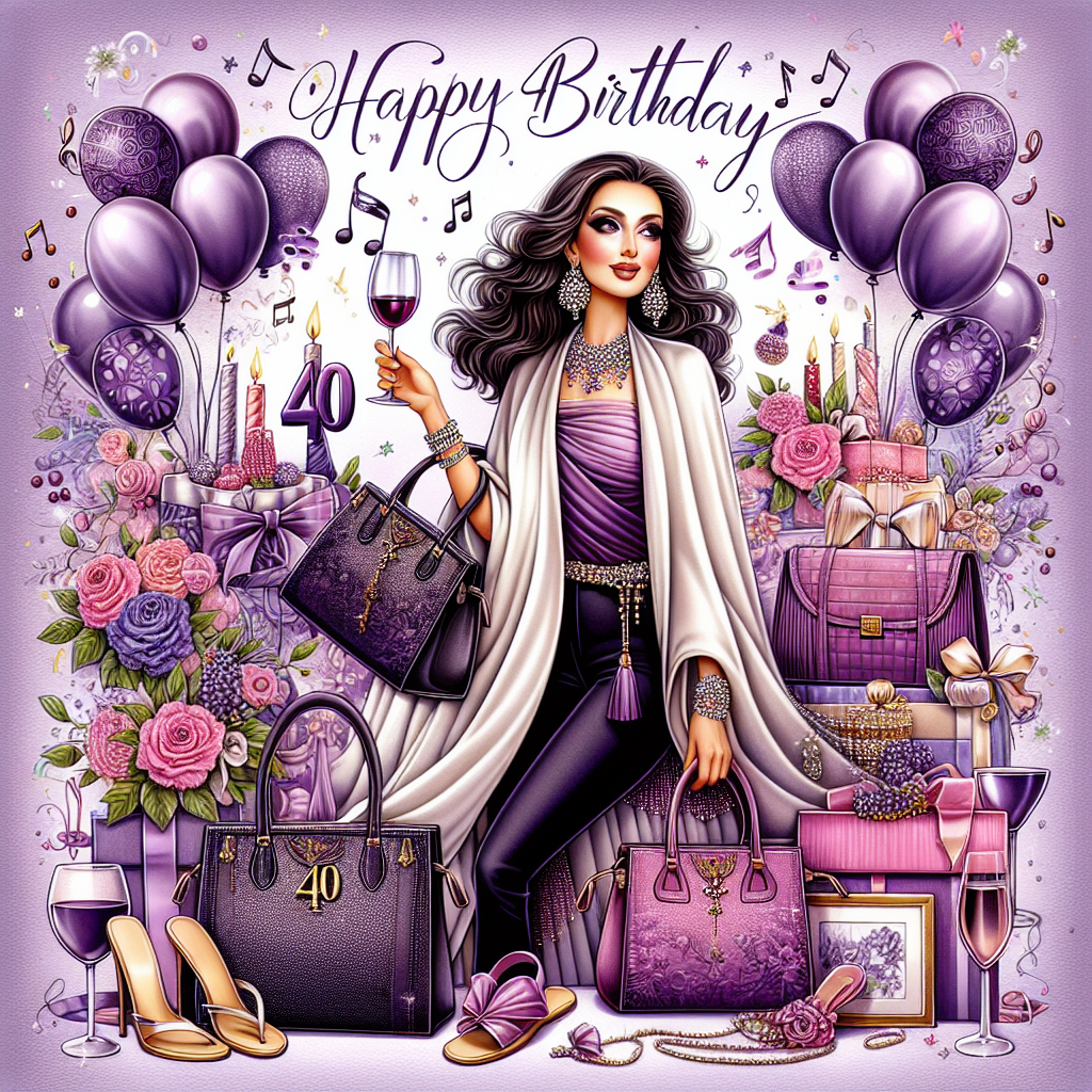 Create a whimsical illustration for a 40th birthday celebration. The central character is a chic, fashion-forward Middle-Eastern woman bedecked with subtle makeup and an array of stylish handbags slung over her shoulder. Surrounding her is a background bursting with various shades of purple, enhanced by festive balloons and decorative streamers. Other subtle touches included in the frame are wine glasses, flip flops, and musical notes floating around implying a relaxing yet sophisticated atmosphere. This image captures the essence of an inviting, mature, sophisticated, and joyful birthday bash.
Generated with these themes: Make up , 40th , Handbags, Purple, Wine, Flip flops, and Music .
Made with ❤️ by AI.