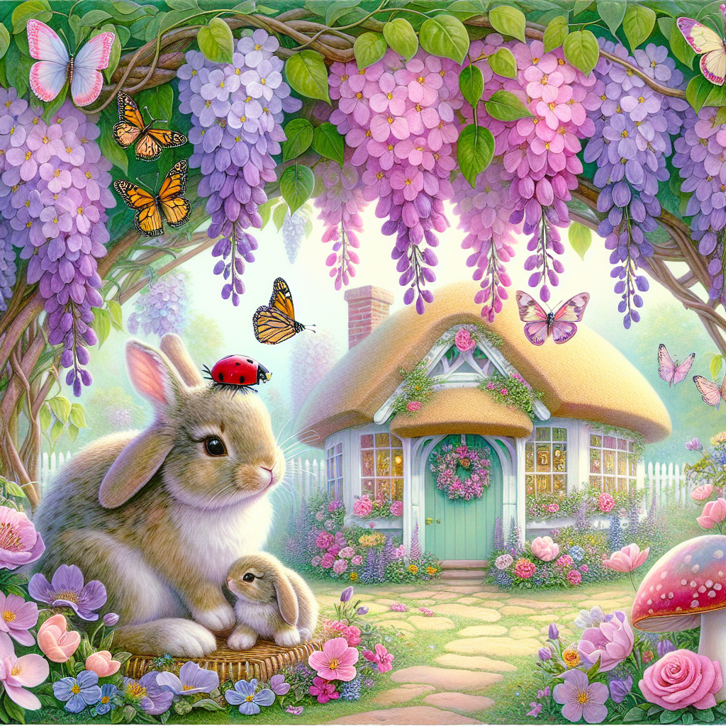 Rabbit and baby rabbit, Wisteria over archway, Pretty cottage, Ladybird, Butterflies, Sweet Williams , Hearts, and Toadstool Mothers-day Card