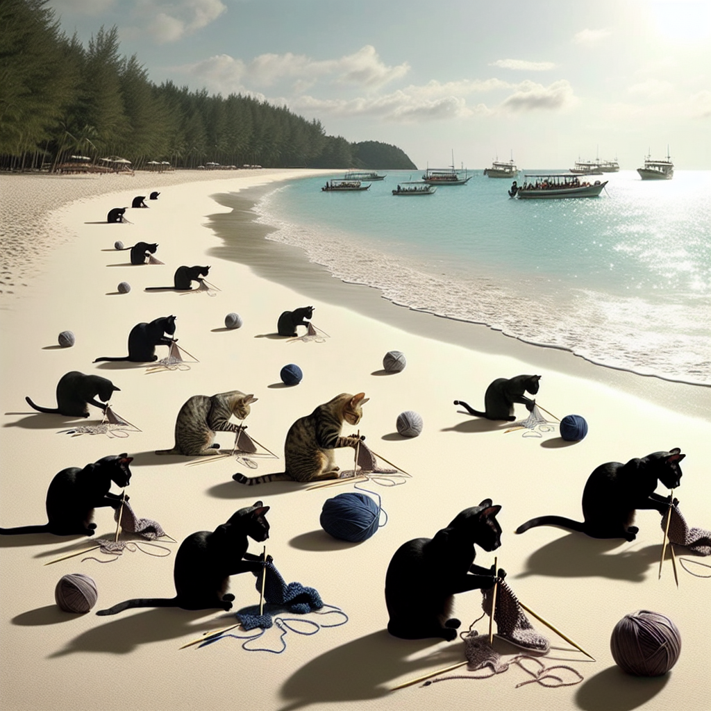 An image capturing a serene beach setting. On the sand are a group of blind black cats, each intently working with their own set of knitting tools and soft yarn. They are involved in a knitting endeavor, their whiskers twitching in concentration. The overall atmosphere is soothing, and the spirit of Mother's Day can be felt in the air. Far in the distance, various types of boats are leisurely drifting on the sparkling ocean waters. The tranquil vibe of the cats' activity on the sandy shoreline serenely combines with the calm rhythm of the boats drifting in the azure waters.
Generated with these themes: Blind black cats, knitting, beach, boats.
Made with ❤️ by AI.