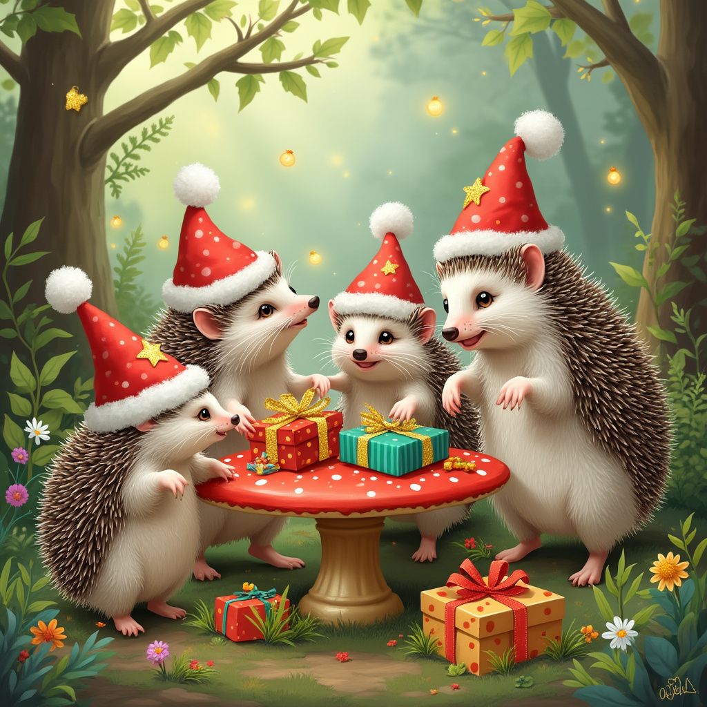On the front cover of the birthday greeting card, envision a delightful woodland clearing, dappled with soft morning sunlight filtering through the lush green leaves. The scene is bustling with festive cheer as a troupe of hedgehogs, each clad in a miniature Santa outfit complete with little red hats and white furry pom-poms, joyously perform the conga. Their tiny, twinkling eyes and rosy cheeks peek from under the hats, and their prickly backs are festooned with strands of sparkling tinsel in gold and silver hues, catching the light with every step.

In the foreground, a grand, mushroom-topped table stands, its surface a vivid shade of red with white spots, laden with an assortment of brightly wrapped presents. Each gift is uniquely adorned with ribbons and bows in a rainbow of colors, from shimmering gold to vibrant emerald green. The wrapping paper is festive, featuring playful patterns of stars, stripes, and polka dots.

Surrounding this cheerful gathering, a whimsical assortment of wildflowers and ferns provides a colorful backdrop, their petals and leaves gently swaying as if dancing along. A particularly curious hedgehog, slightly apart from the conga line, holds a tiny birthday card in its paws, which features a hand-drawn cake and the words "Happy Birthday" scrawled in a playful font. 

All around, the air is alive with the hints of celebration as a few more hedgehogs, not in the conga line, scurry about, playfully tugging at the tinsel or adjusting each other's Santa hats, completing this charming woodland birthday festivity.
Generated with these themes: Hedgehog, Presents, Tinsel, and Hedgehogs dressed in Santa outfits doing the conga.
Made with ❤️ by AI.