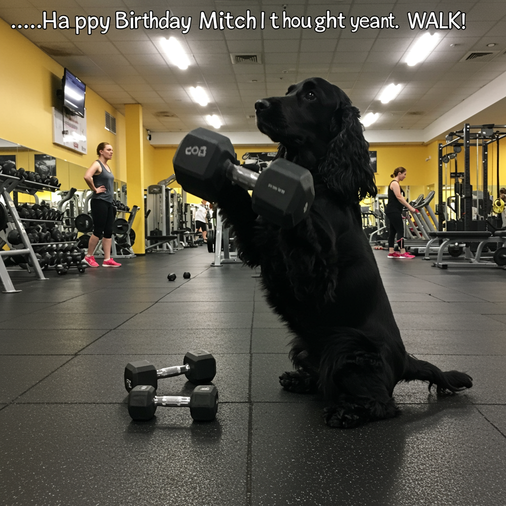 At the top of the photorealistic picture taken from a camera image, include the text: "Happy Birthday Mitch but I thought you meant a WALK!"

---

**Image Prompt:**

Capture a whimsical and amusing scene in an ultra-high-definition 4K UHD photograph. The focus is on a lively black cocker spaniel, standing on its hind legs, enthusiastically attempting to lift tiny dumbbells in a bustling gymnasium. Around the dog, create a vibrant gym environment filled with fitness enthusiasts engaged in their workouts, capturing the hustle and bustle of the gym.

The lighting should be bright and dynamic, with the gym's fluorescent lights casting realistic shadows. The cocker spaniel should have a shiny, well-groomed coat, reflecting the lights, adding to the comical and heartwarming mood.

Capture lifelike textures, from the dog's fur to the glossy dumbbells and the smooth gym floor. Ensure a rich depth of field to emphasize the focus on the enthusiastic pup amidst the busy background.

This amusing depiction should be perfect for a birthday greeting card, bringing smiles with its endearing and playful theme.
Generated with these themes: .
Made with ❤️ by AI.