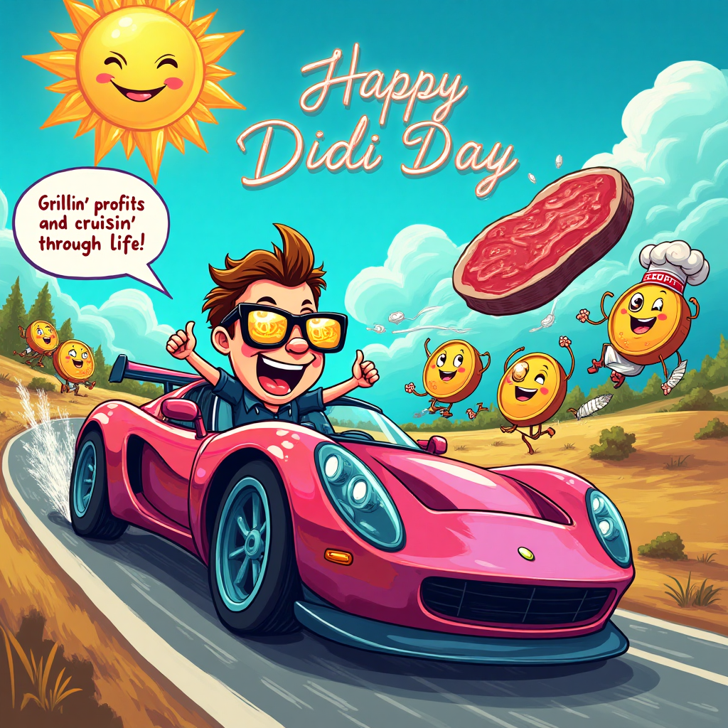 At the top of the Cartoon Style image, the text reads: **Happy Didi Day**.

---

**Image Description:**

Imagine a vibrant and playful scene in cartoon style. In the foreground, a sports car zooms by, its exaggerated, oversized wheels spinning with cartoonish speed lines trailing behind. The car is painted in flashy, iridescent colors, reminiscent of the ever-changing crypto market.

Inside the car, a cheerful, cartoon dad figure is at the wheel, wearing oversized, goofy sunglasses that reflect rows of dollar signs. His expression is one of pure joy and mischief as he grips the wheel with exaggerated, bouncy enthusiasm.

In the background, there's a whimsical landscape filled with colorful cryptocurrency coins with faces, joyfully dancing around. Each coin has cartoon limbs, and they’re tossing around a big, beefy steak as if it’s a precious prize, with one of them donning a tiny chef hat and apron.

The sky above is a brilliant, exaggerated blue with a giant, smiling sun wearing a bandana that reads “Crypto King”.

A small text bubble bursts from the car's rear, saying, "Grillin' profits and cruisin' through life!"
Generated with these themes: Car (sports car), Crypto , Beef, and .
Made with ❤️ by AI.